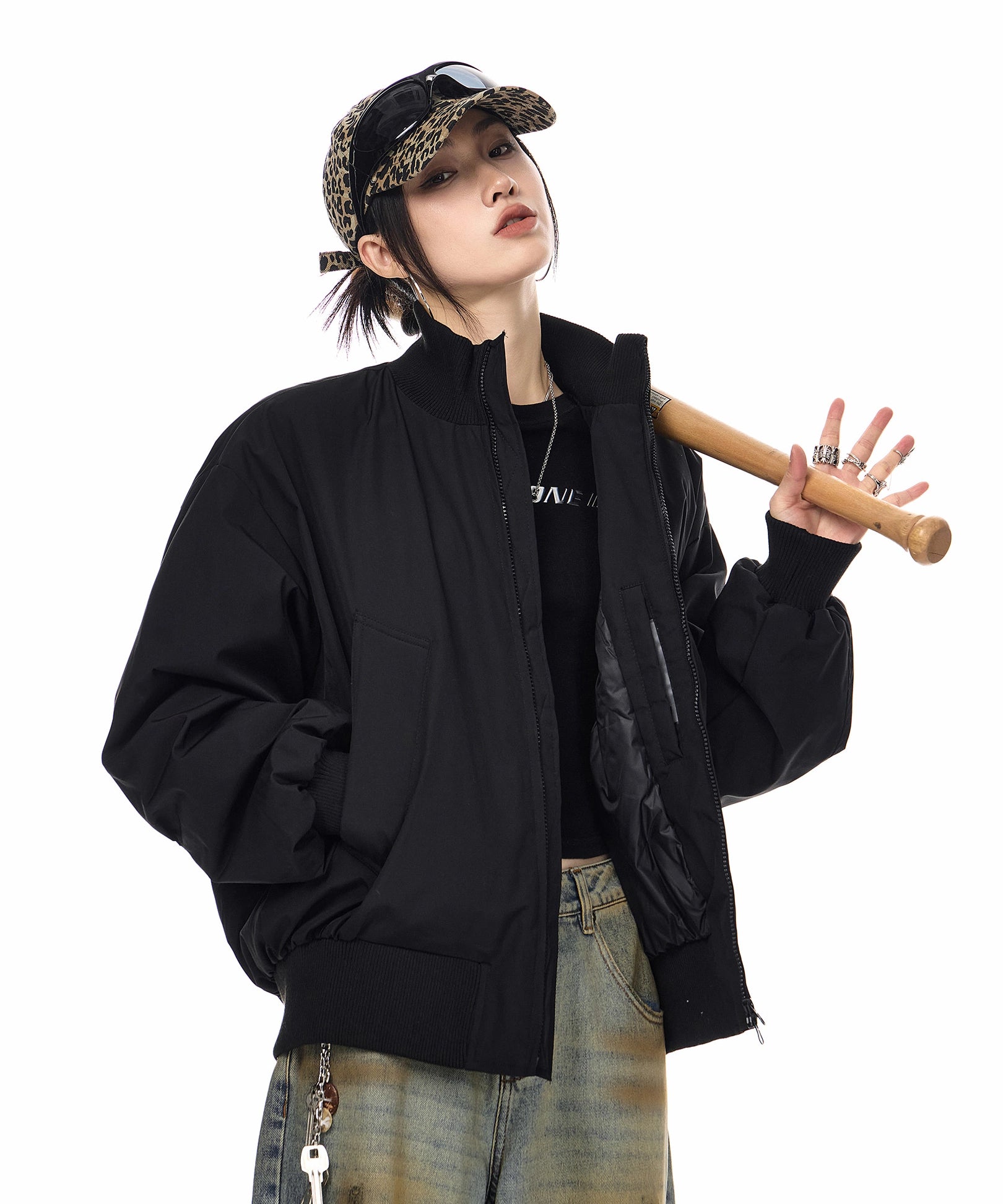 ICH MODE 美式90白鸭绒复古纯色立领羽绒服女冬季宽松外套保暖