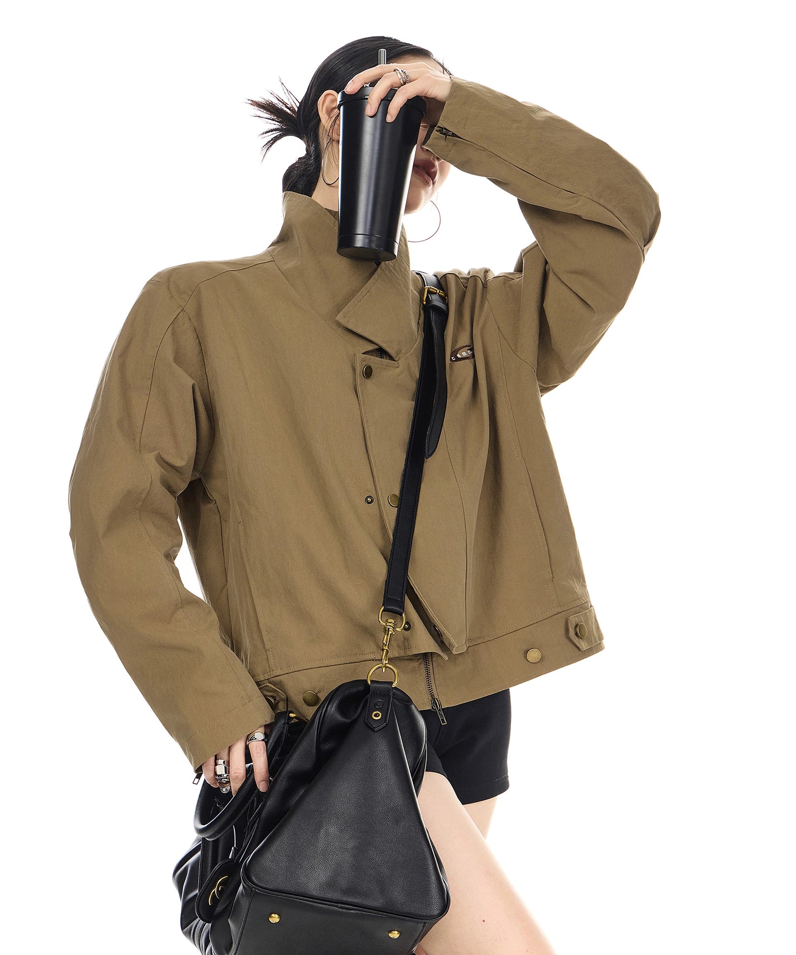 ICH MODE 美式复古假两件短款风衣外套女秋冬巴恩风开衫翻领夹克