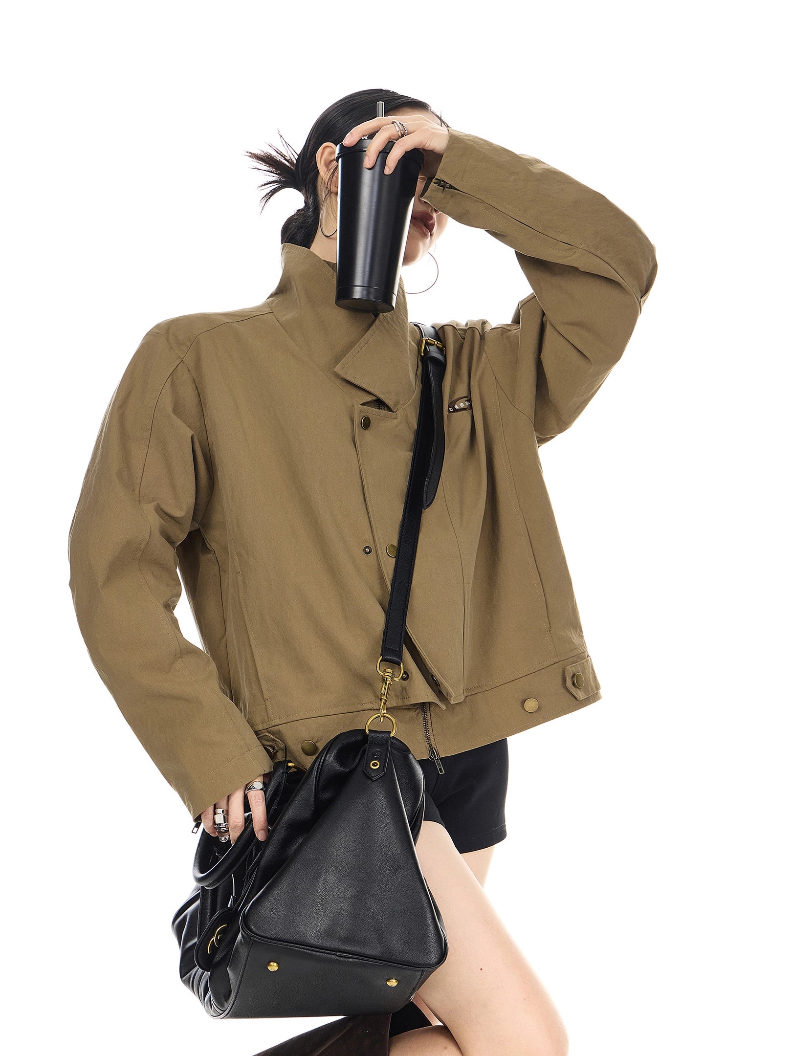 ICH MODE 美式复古假两件短款风衣外套女秋冬巴恩风开衫翻领夹克