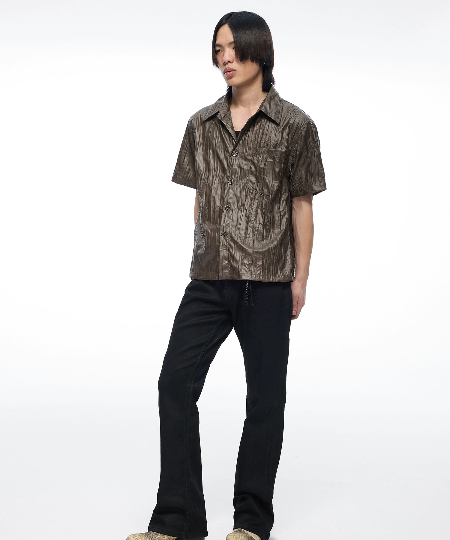 皮感肌理褶皱短袖衬衫定制金属纽扣boxy版型男TERRAINCOGNITA24SS
