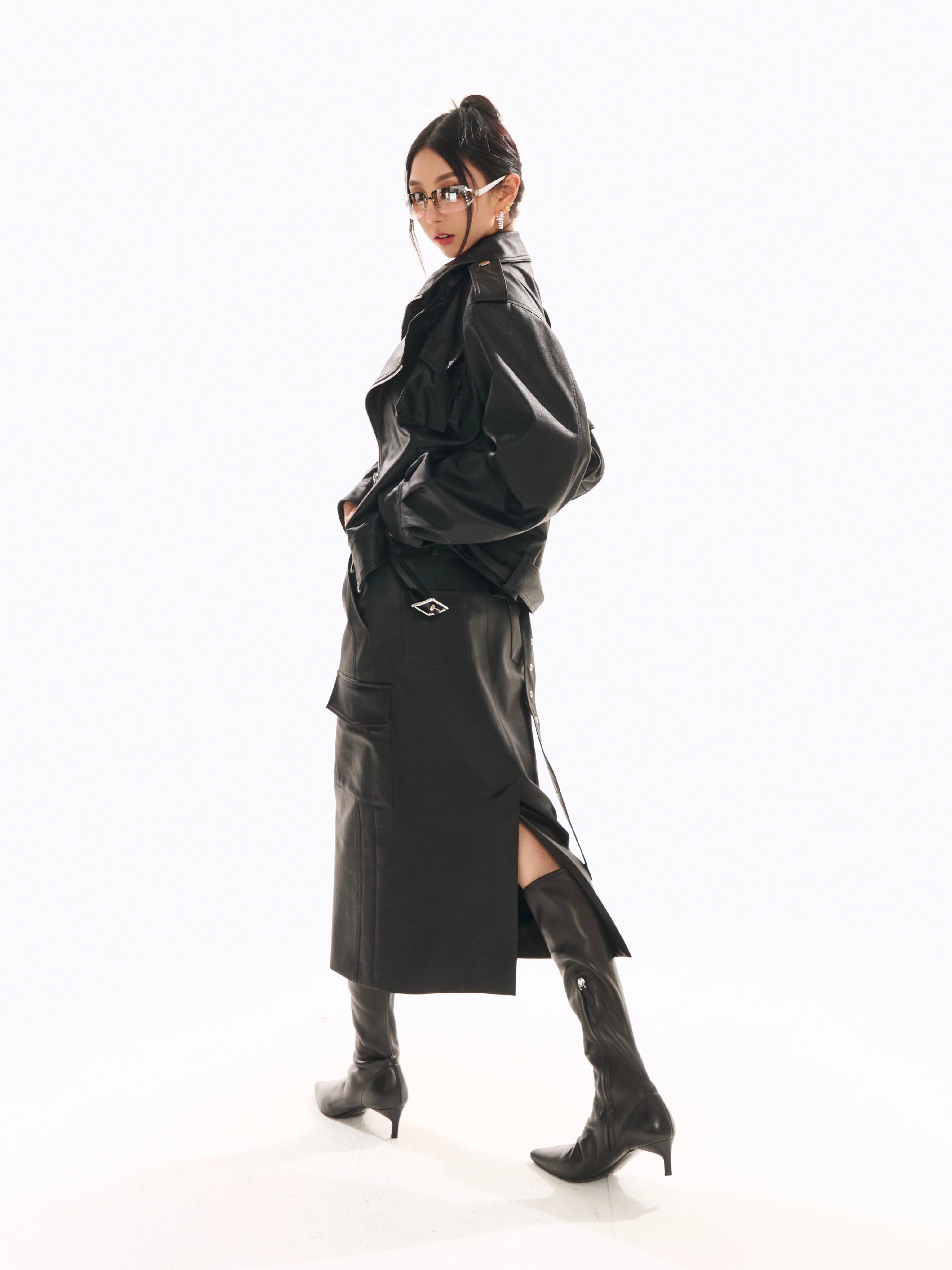 野生zerocircle黑色皮裙女秋辣妹显瘦小众开叉直筒中长款半身裙子