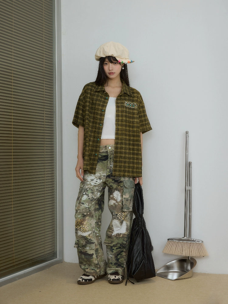 “珍珠橡木”| eeee珍珠绿松石字母钉珠衬衣复古格纹褶皱短袖衬衫