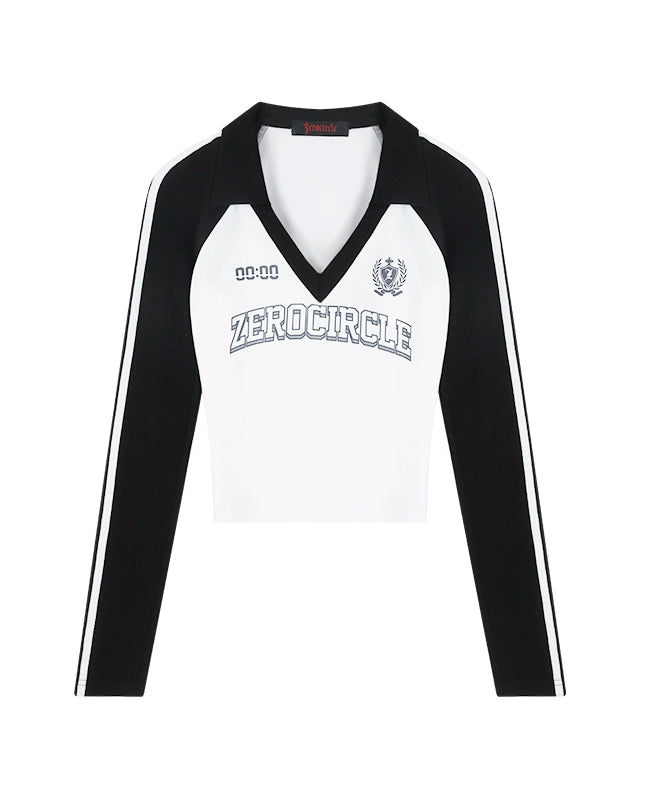 野生zerocircle拼色插肩袖t恤女春季辣妹修身显瘦印花短款v领上衣