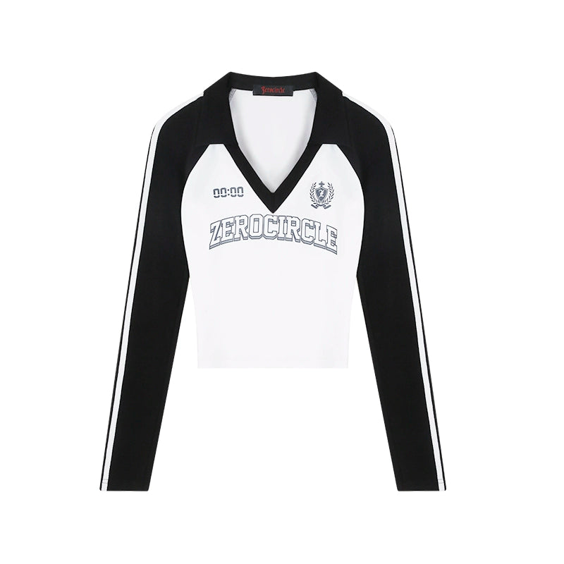 野生zerocircle拼色插肩袖t恤女春季辣妹修身显瘦印花短款v领上衣