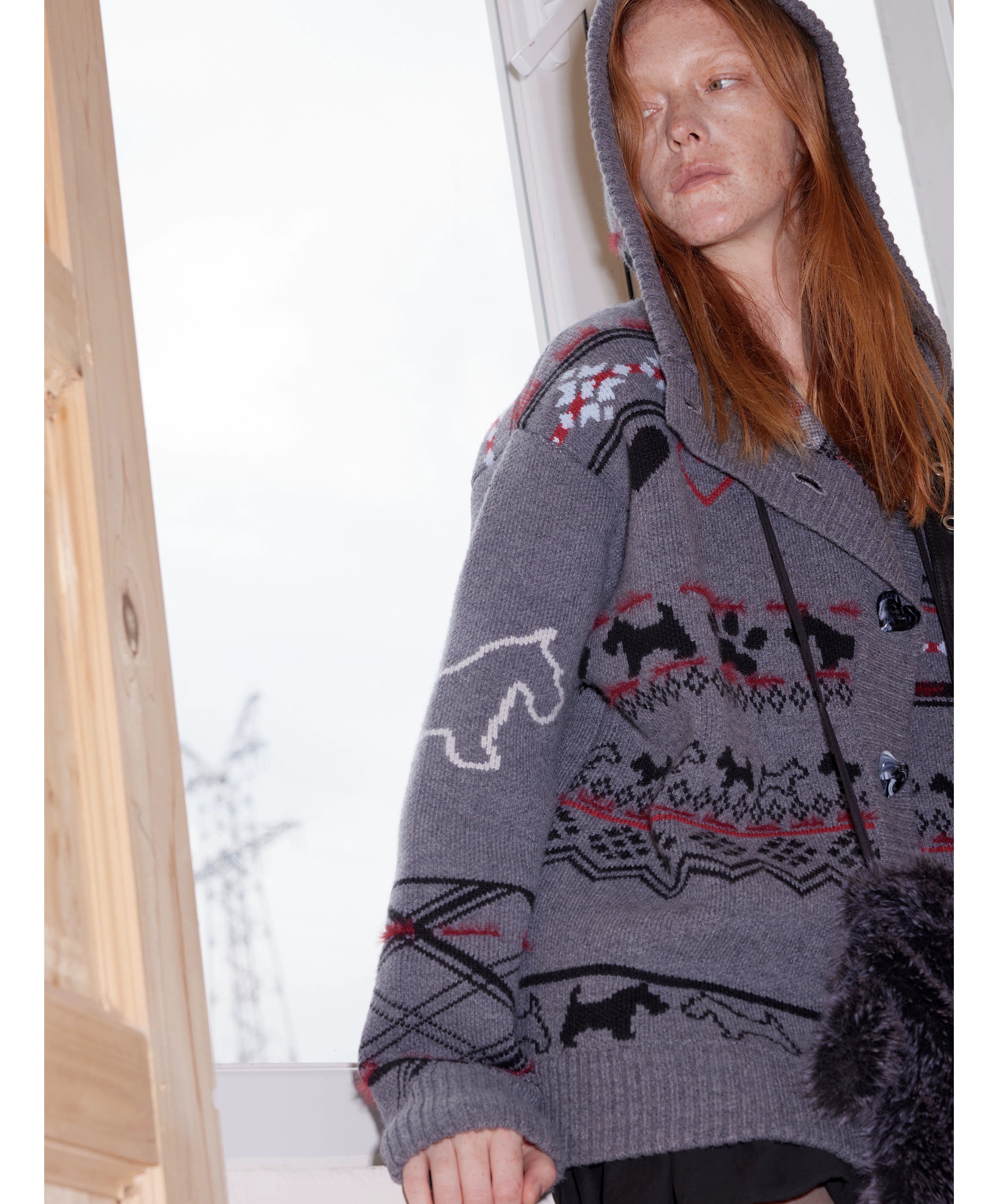 2th Desire费尔岛复古羊毛爱心小狗提花连帽针织开衫慵懒毛衣外套