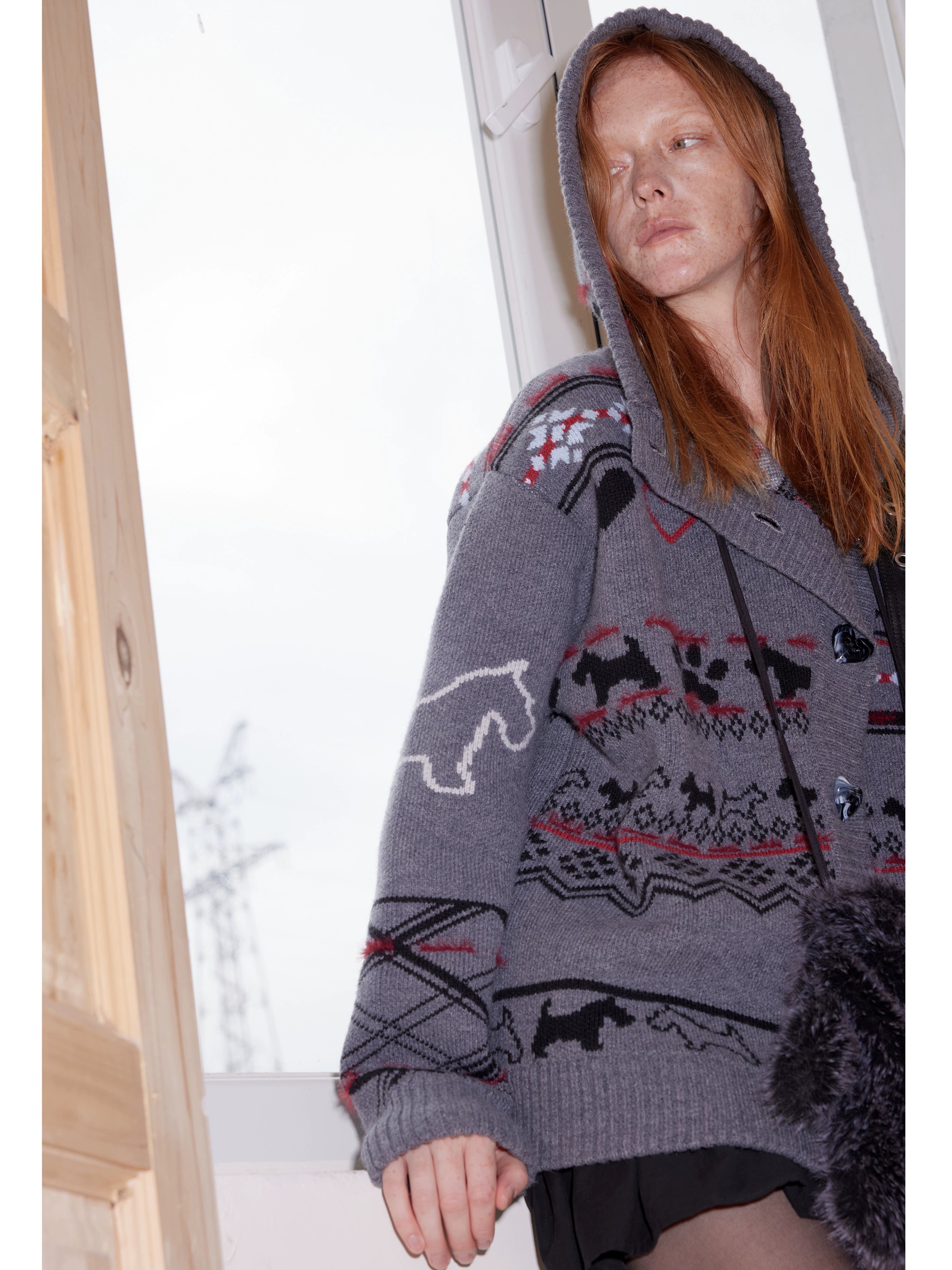 2th Desire费尔岛复古羊毛爱心小狗提花连帽针织开衫慵懒毛衣外套