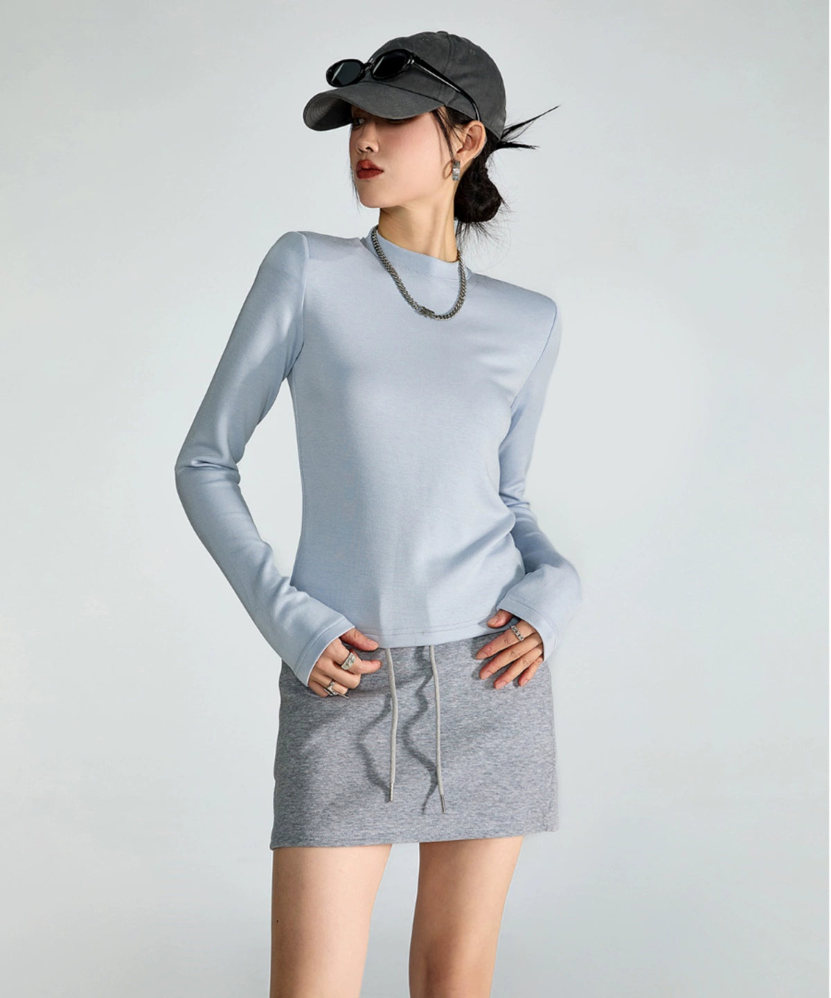 ICH MODE 美式复古修身长袖T恤女秋冬百搭宽松短款上衣纯色打底衫