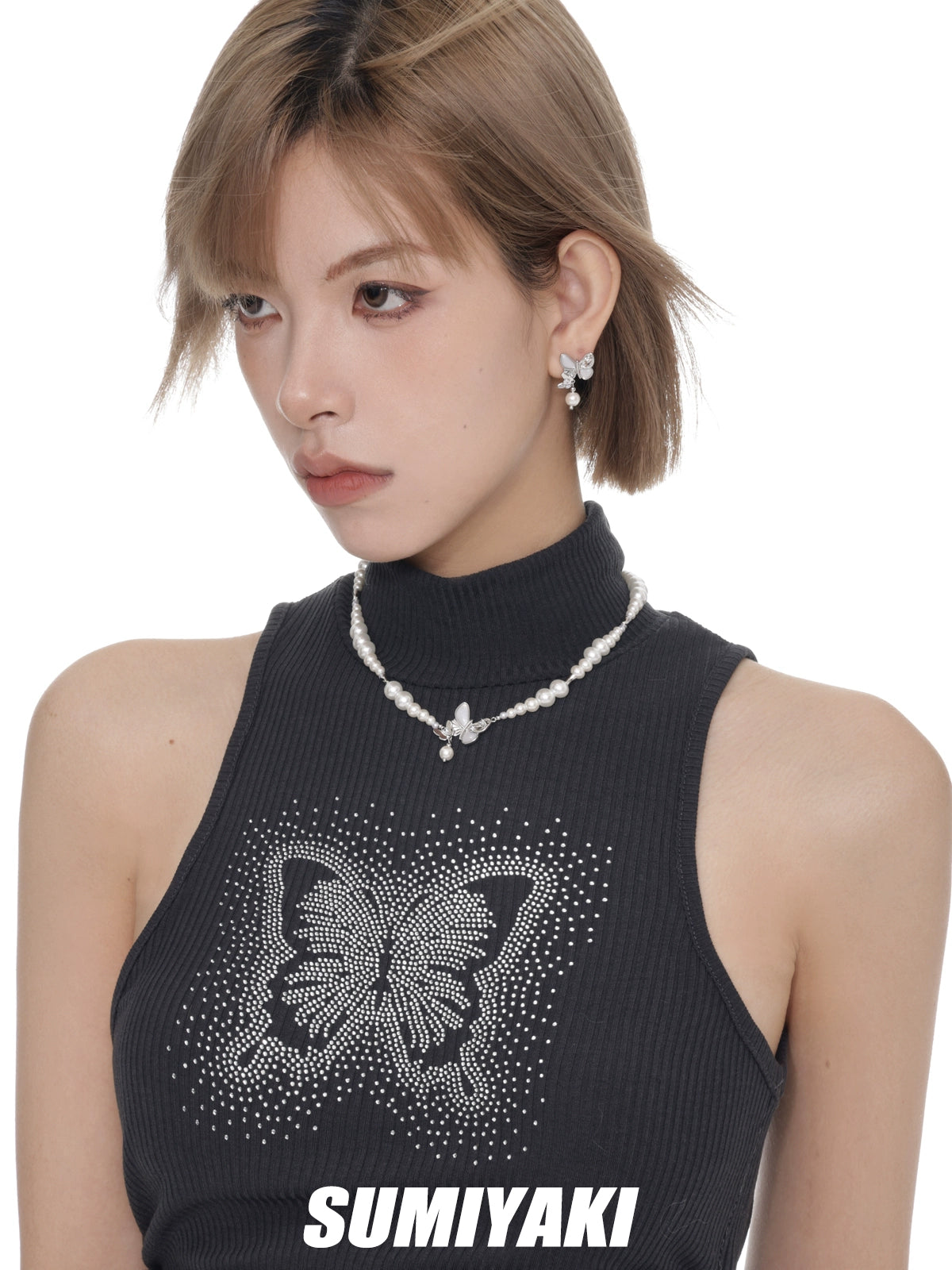 清冷感蝴蝶SUMIYAKI 双生贝母蝴蝶春夏珍珠项链女时尚精致锁骨链