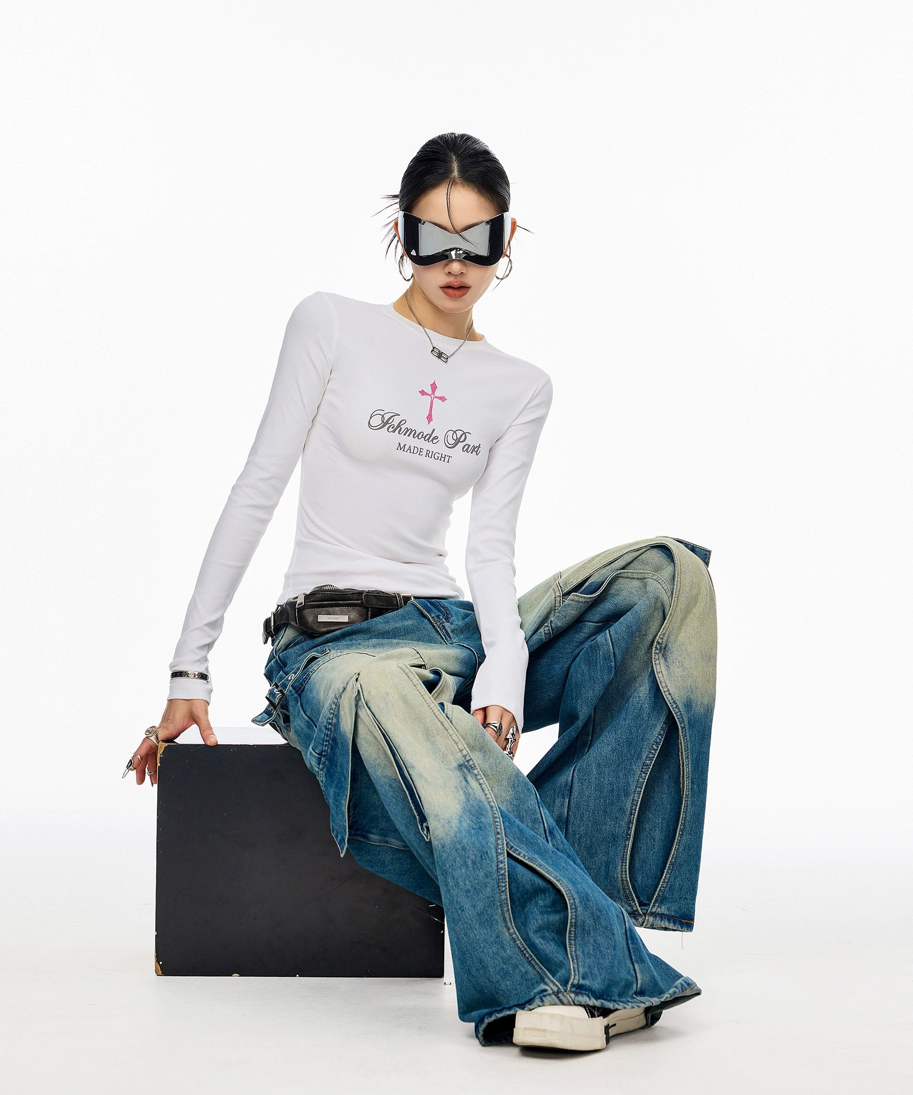 ICH MODE 美式十字架正肩长袖T恤女秋冬新款修身显瘦一字肩上衣