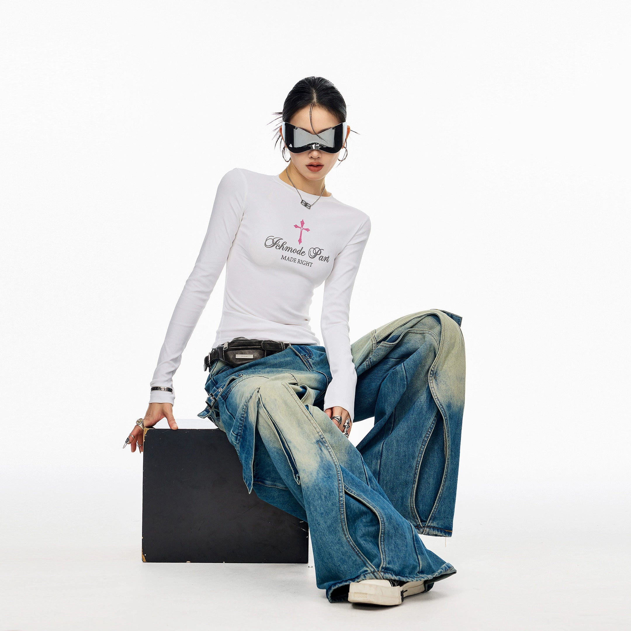 ICH MODE 美式十字架正肩长袖T恤女秋冬新款修身显瘦一字肩上衣