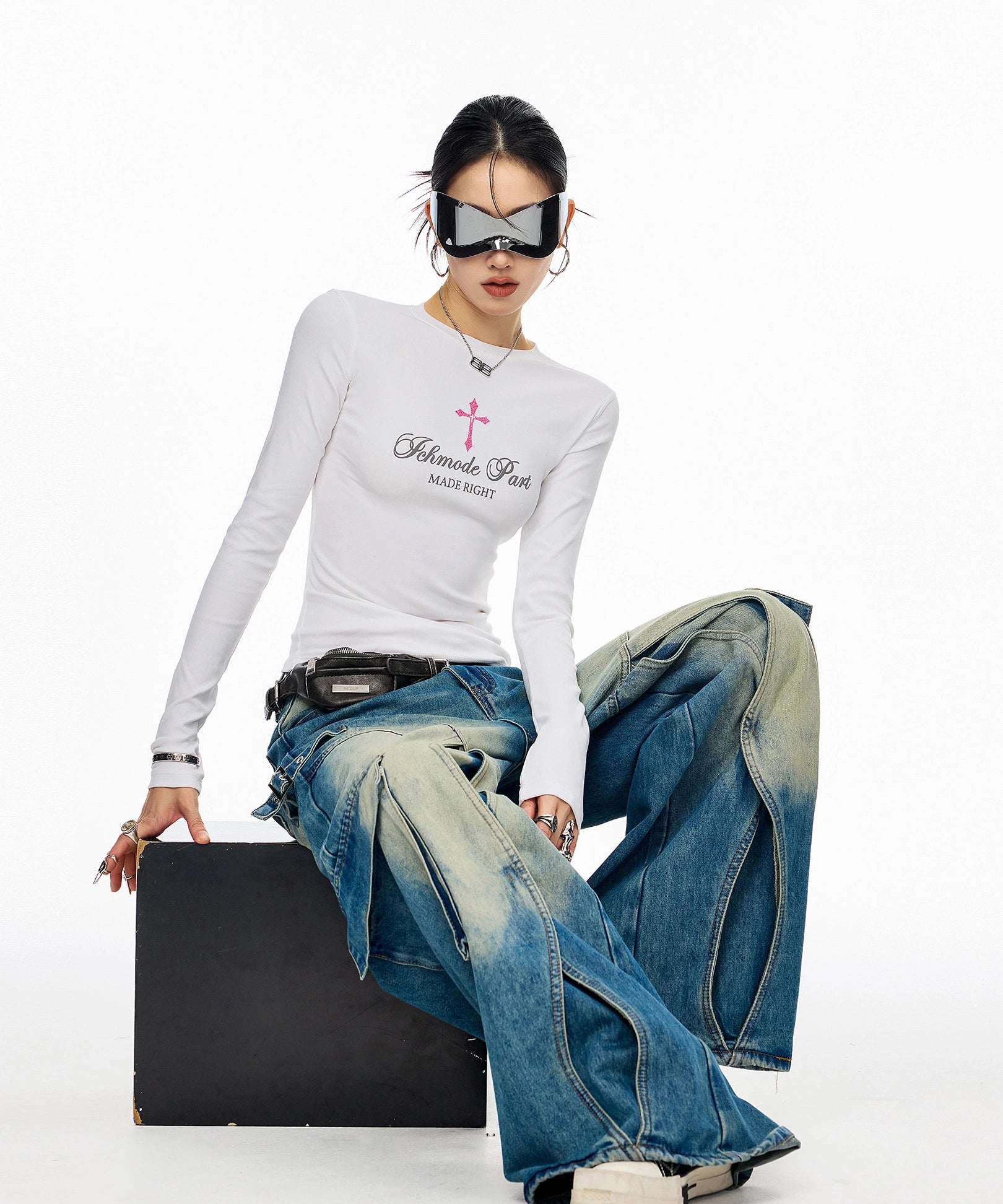 ICH MODE 美式十字架正肩长袖T恤女秋冬新款修身显瘦一字肩上衣