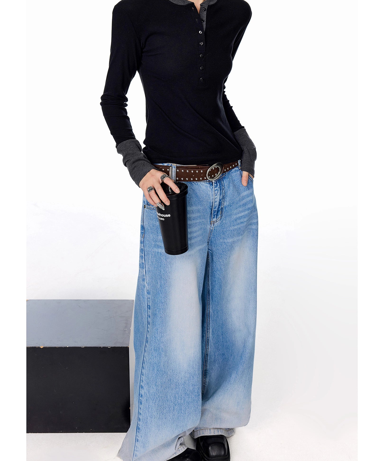 ICH MODE 美式复古假两件长袖T恤女秋冬亨利领一字肩修身打底上衣