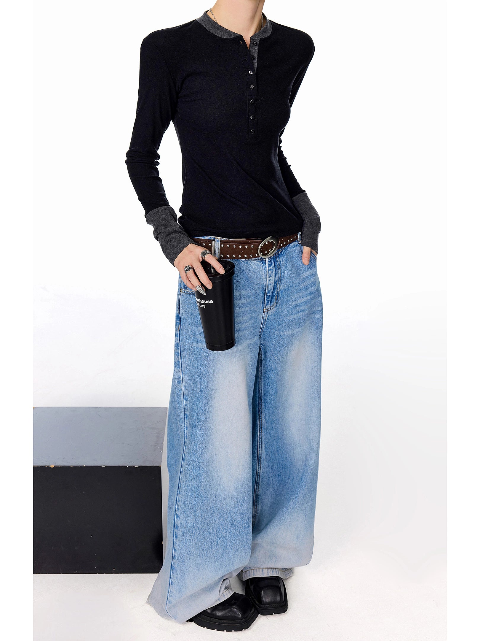 ICH MODE 美式复古假两件长袖T恤女秋冬亨利领一字肩修身打底上衣