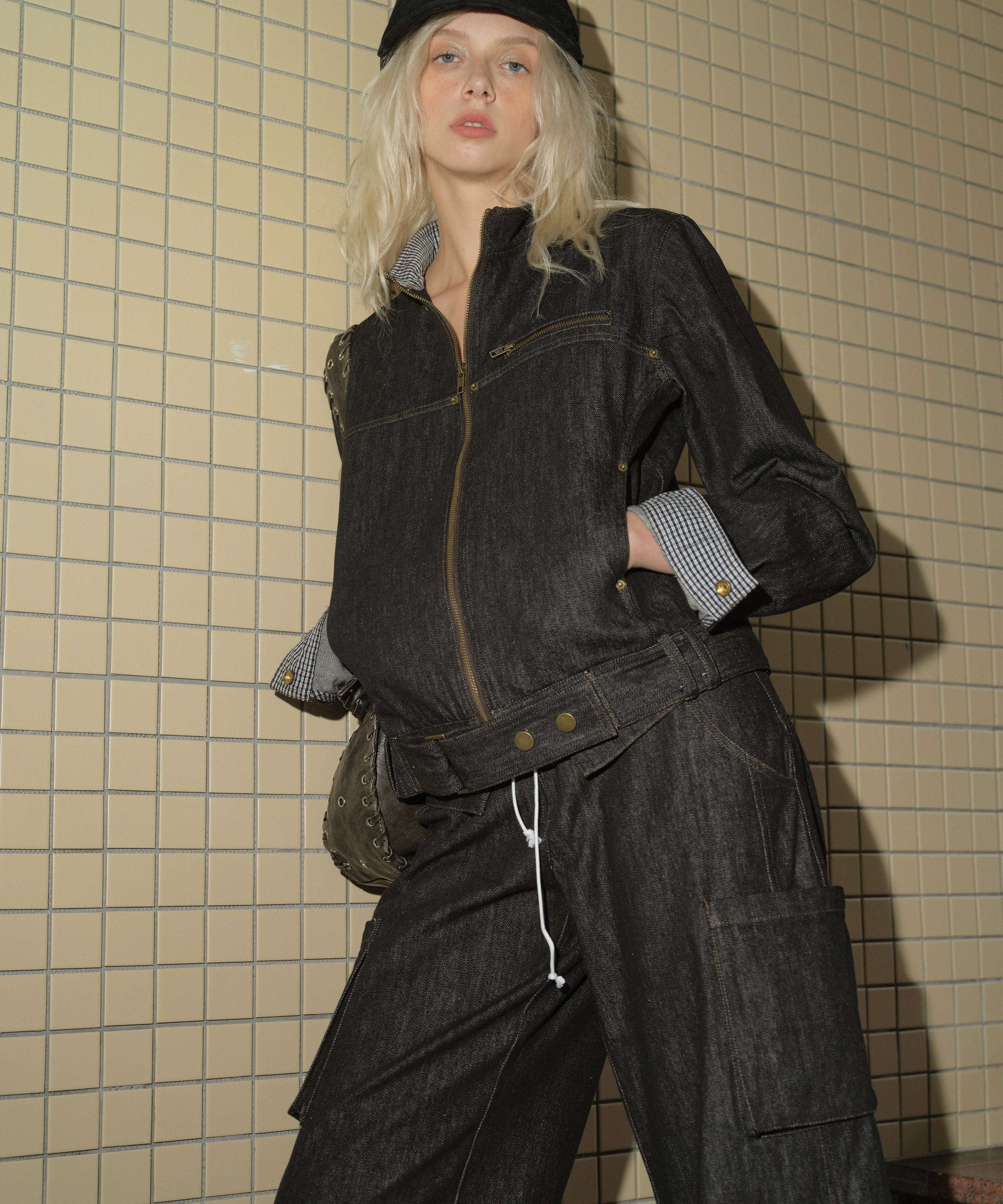 2th Desire复古立领撞色拼接工装机车夹克宽松廓形原牛牛仔外套女