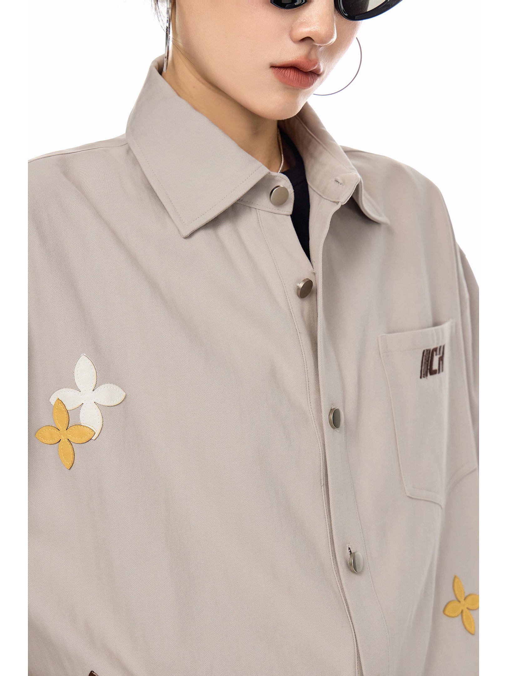 ICH MODE 美式复古刺绣长袖衬衫女2025新款宽松衬衣休闲开衫外套