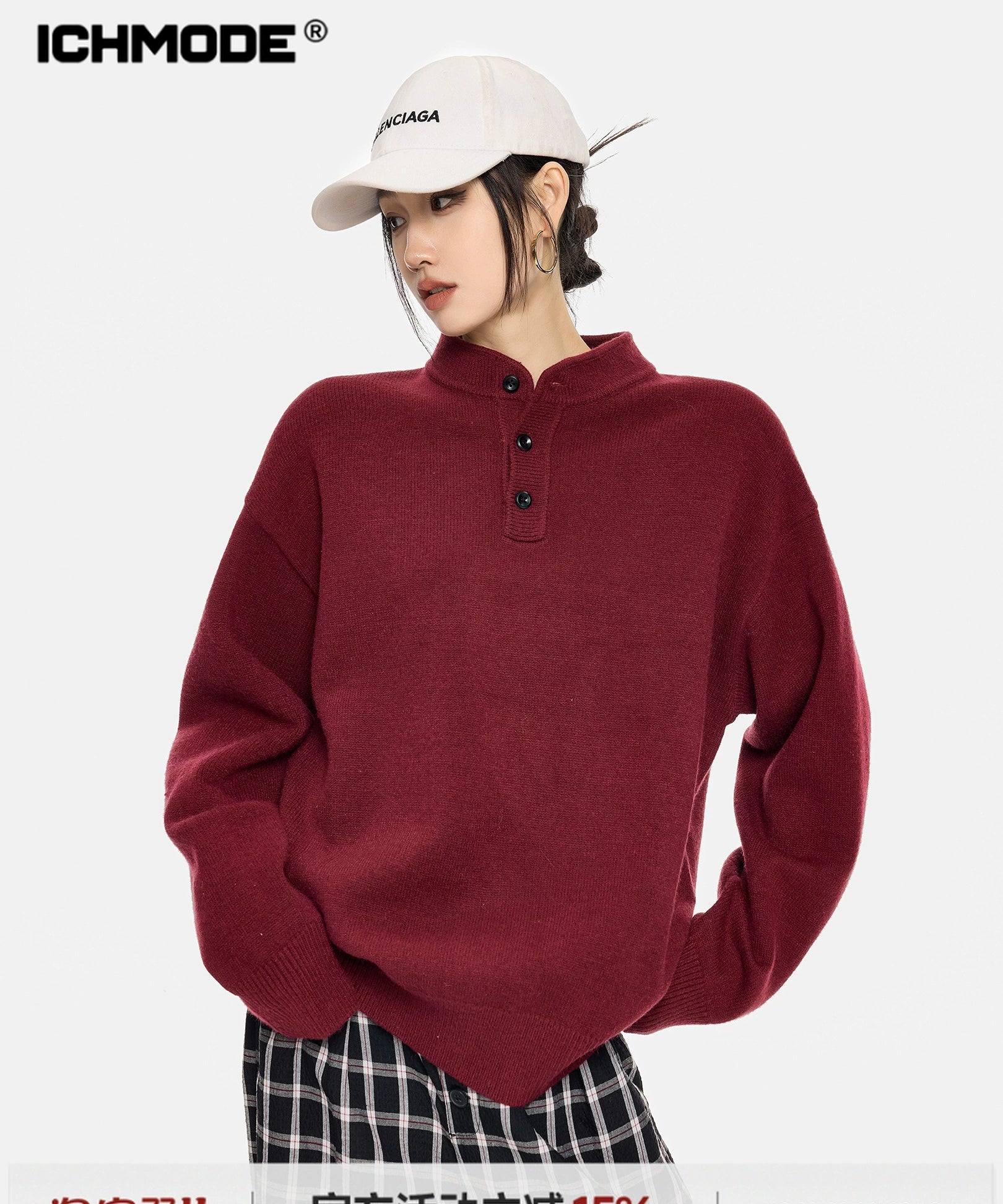ICH MODE 美式复古亨利领毛衣女秋冬季宽松针织衫慵懒套头毛线衣