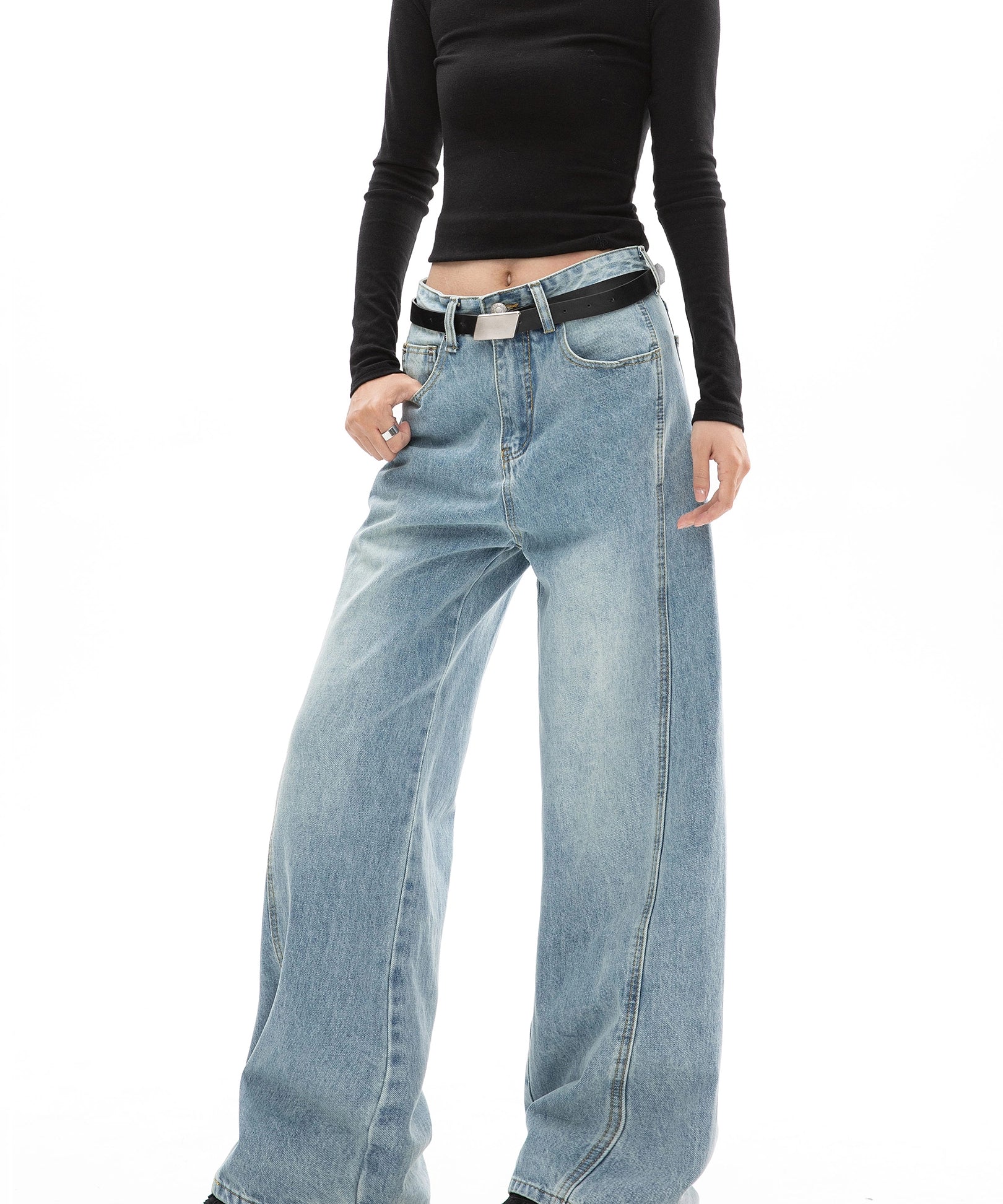 ICH MODE 美式复古水洗直筒牛仔裤女夏季阔腿弯刀裤百搭休闲长裤