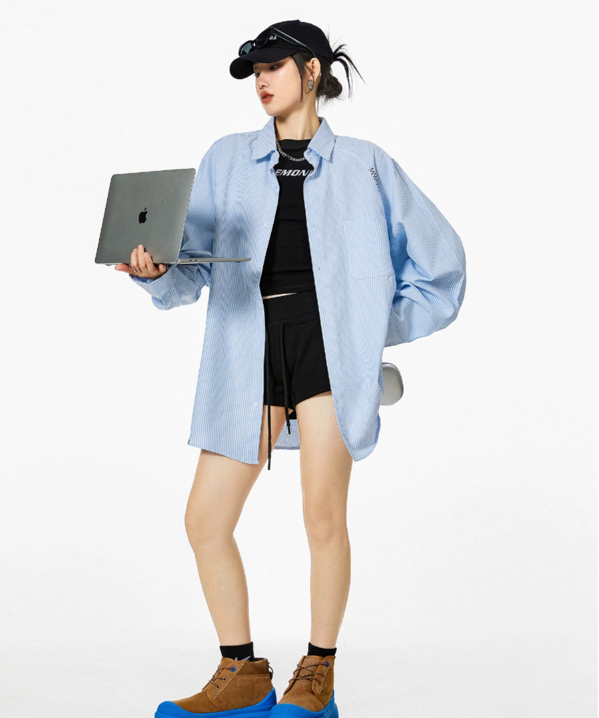 ICH MODE 美式复古条纹蓝色衬衫女秋2025新款宽松衬衣外套上衣