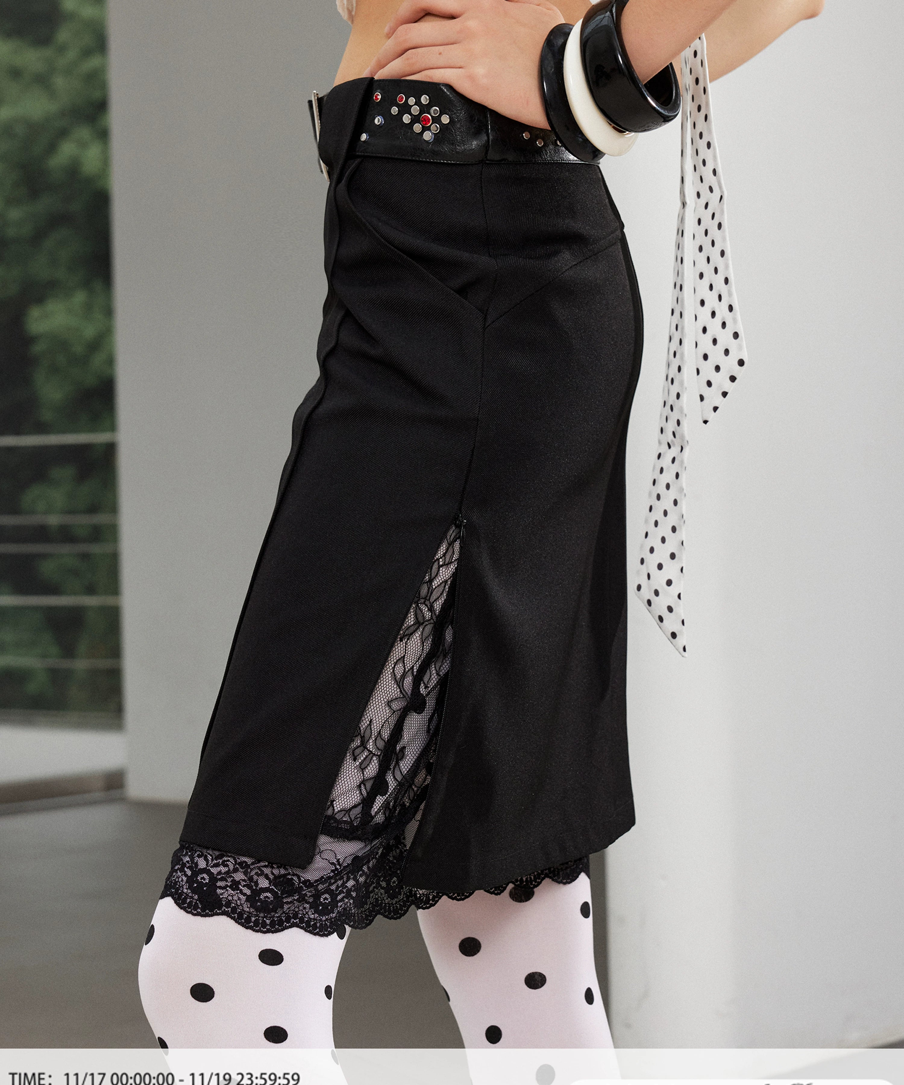 2th Desire朋克铆钉皮腰头拼接蕾丝H型显瘦开衩假两件西装半裙女