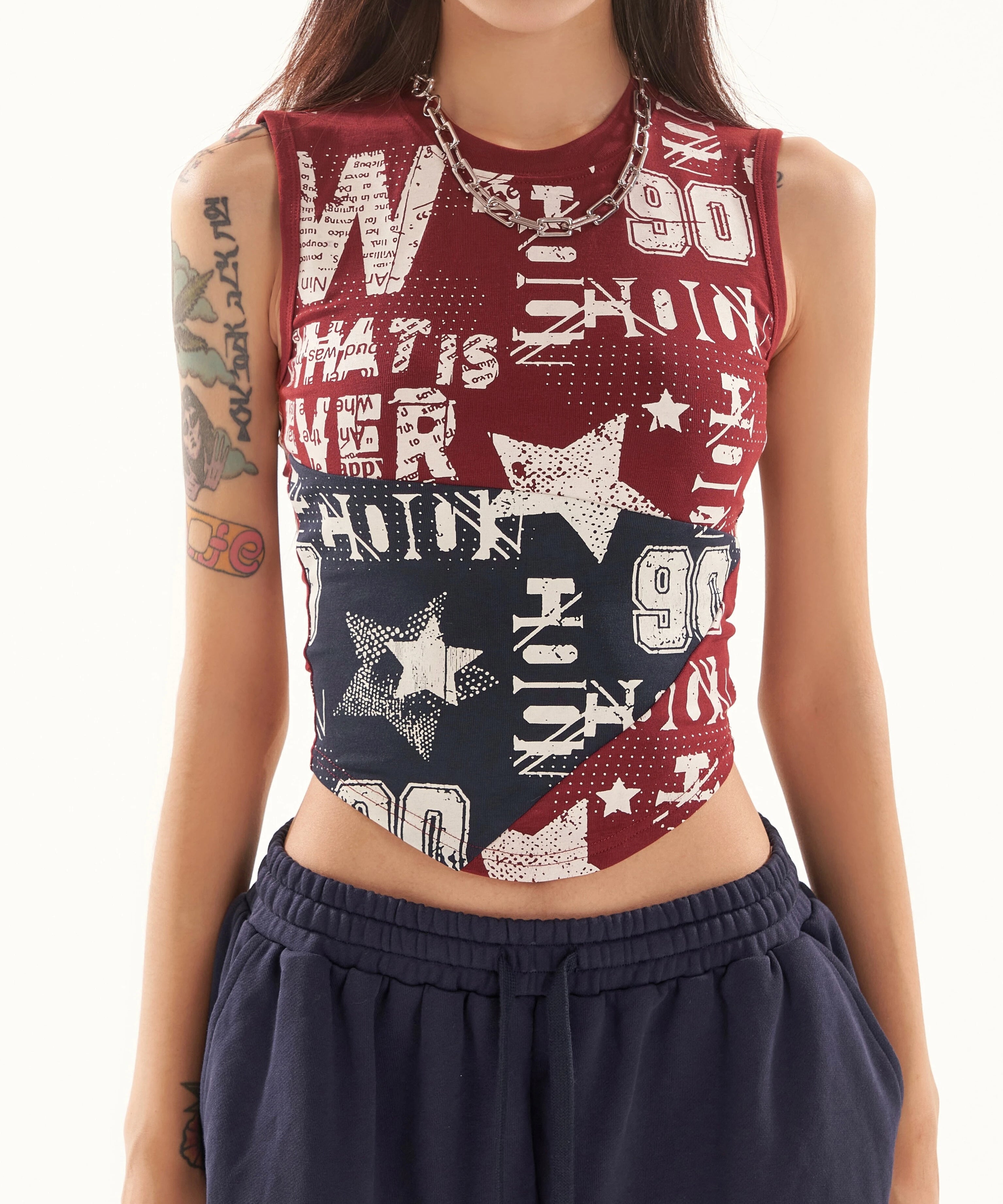 野生zero撞色无袖背心女夏季辣妹印花修身显瘦小众设计感短款上衣