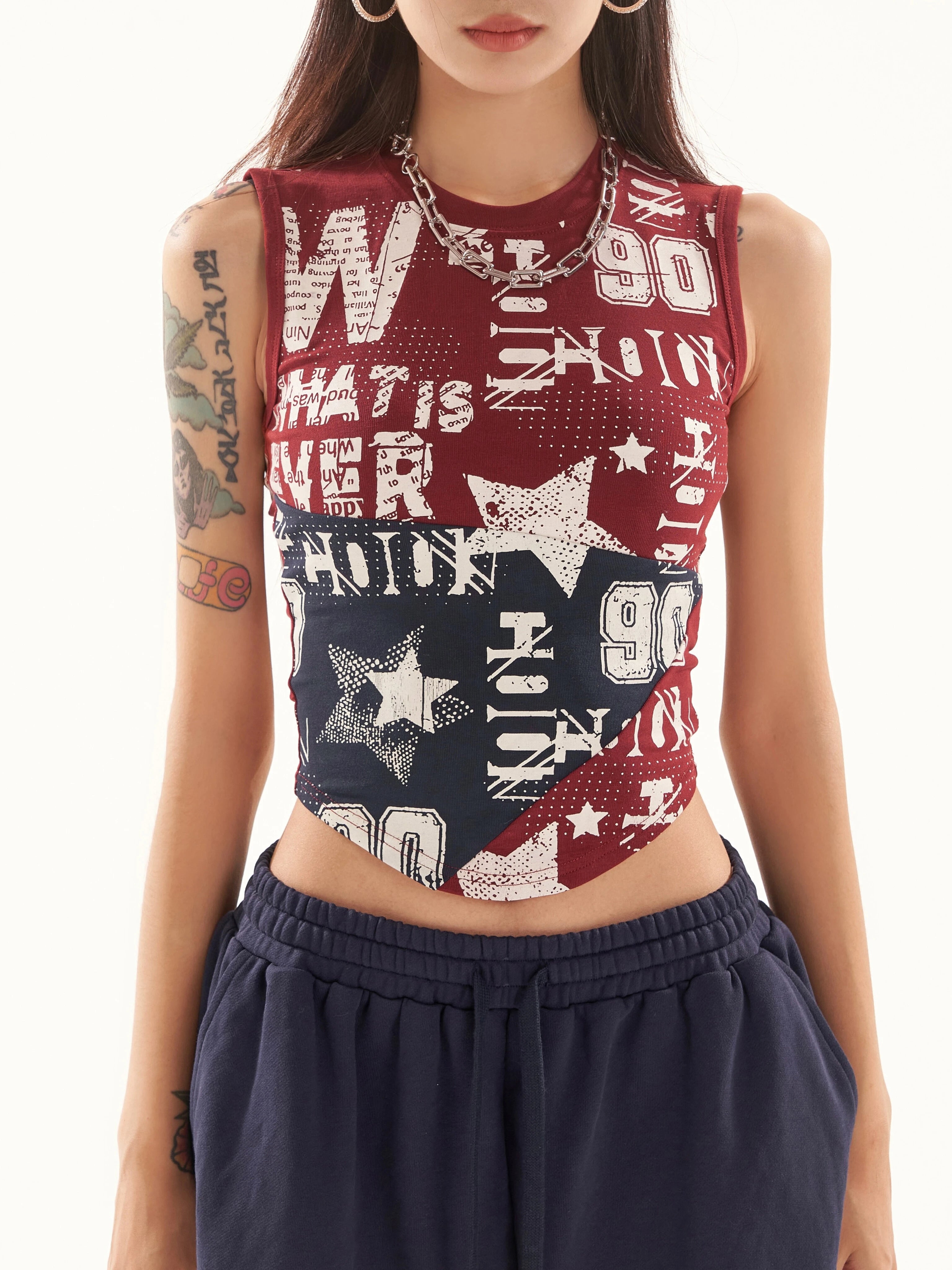 野生zero撞色无袖背心女夏季辣妹印花修身显瘦小众设计感短款上衣