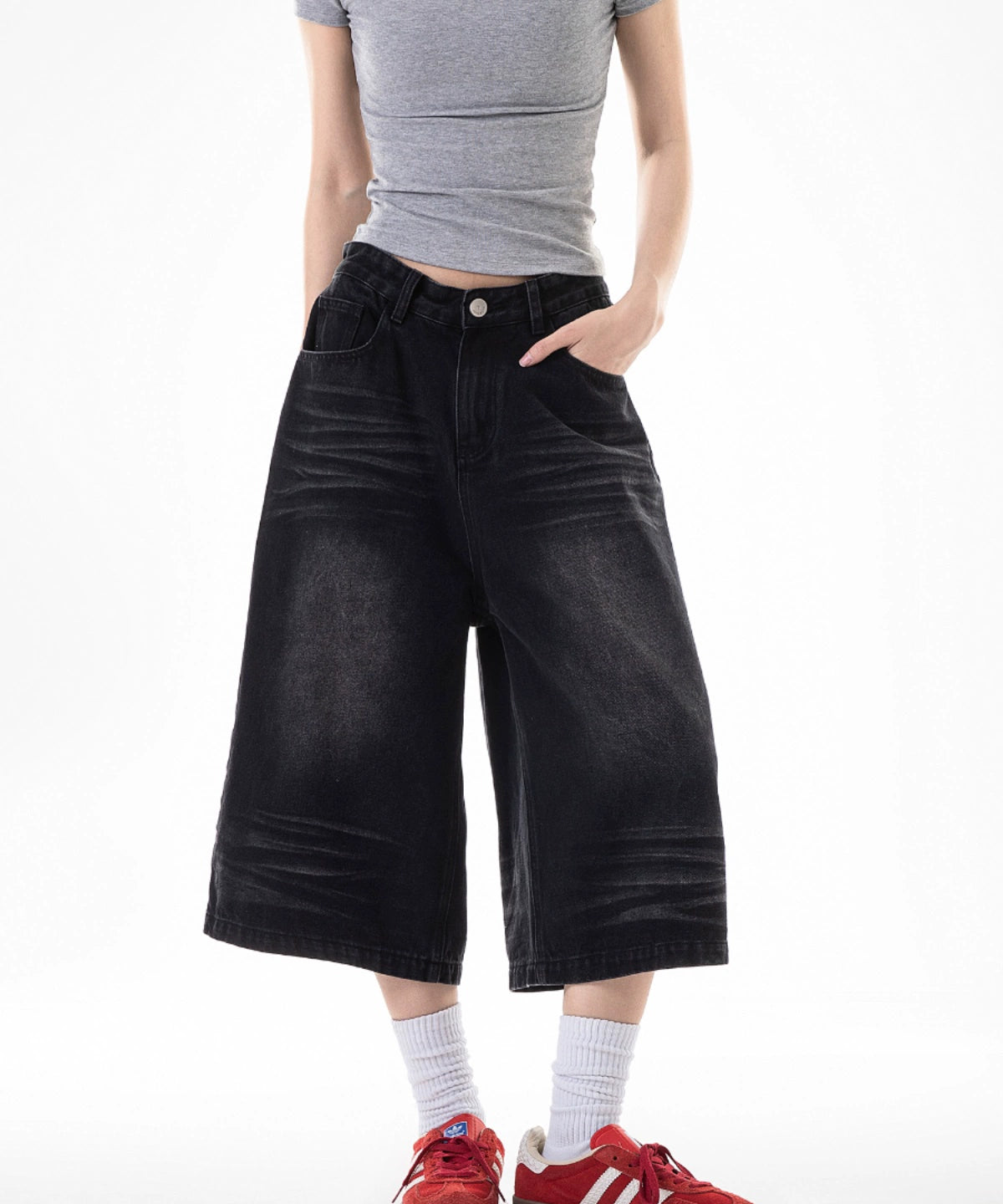 ICH MODE 美式七分裤牛仔裤女夏季宽松直筒工装休闲阔腿裤中短裤