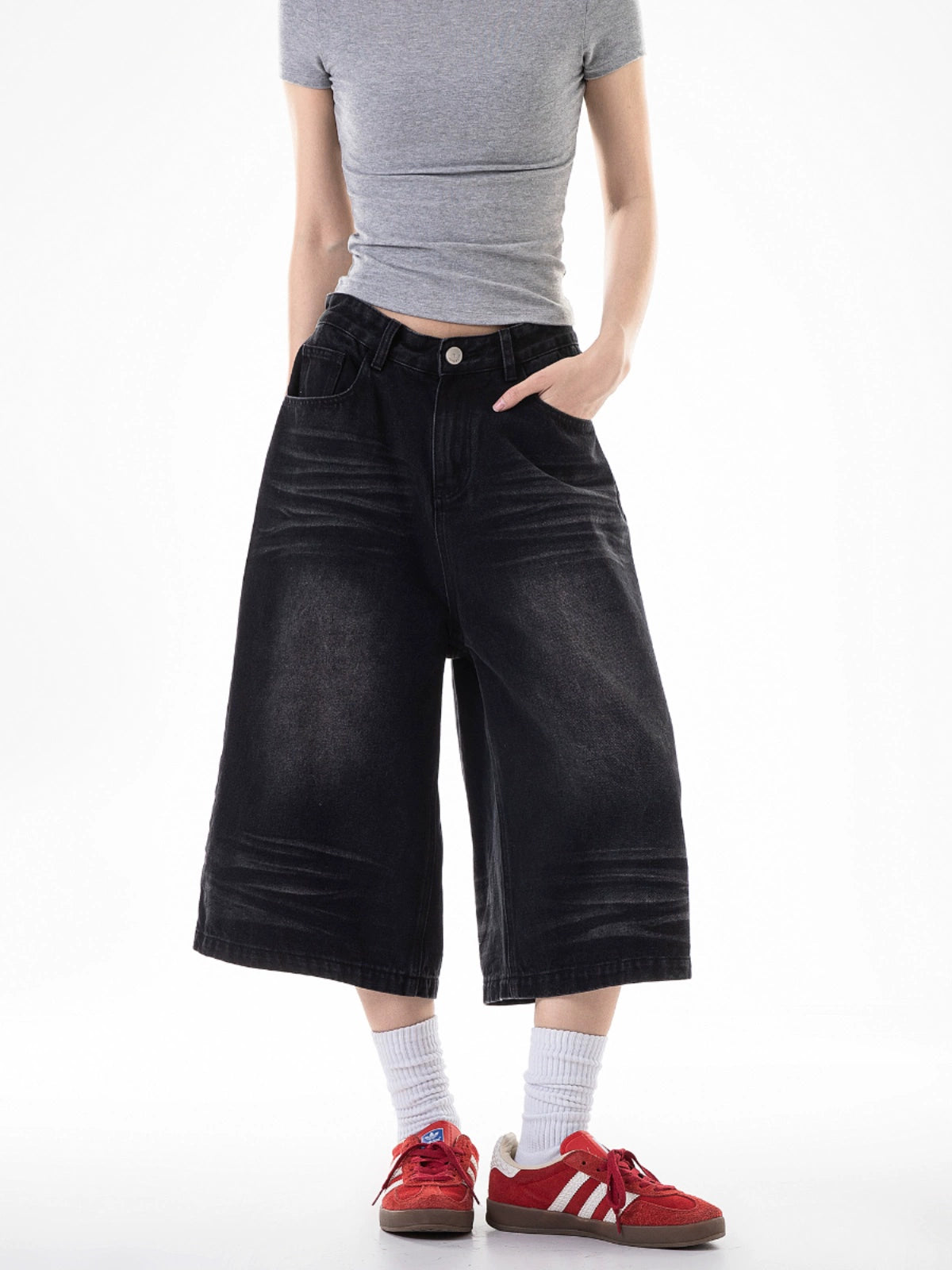 ICH MODE 美式七分裤牛仔裤女夏季宽松直筒工装休闲阔腿裤中短裤