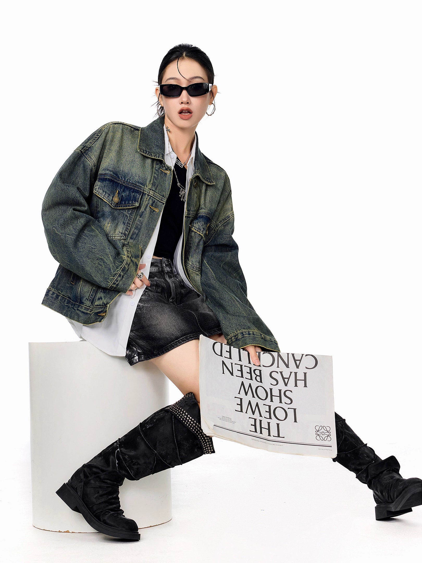 ICH MODE 美式复古水洗牛仔外套女2025新款秋季宽松夹克短上衣潮