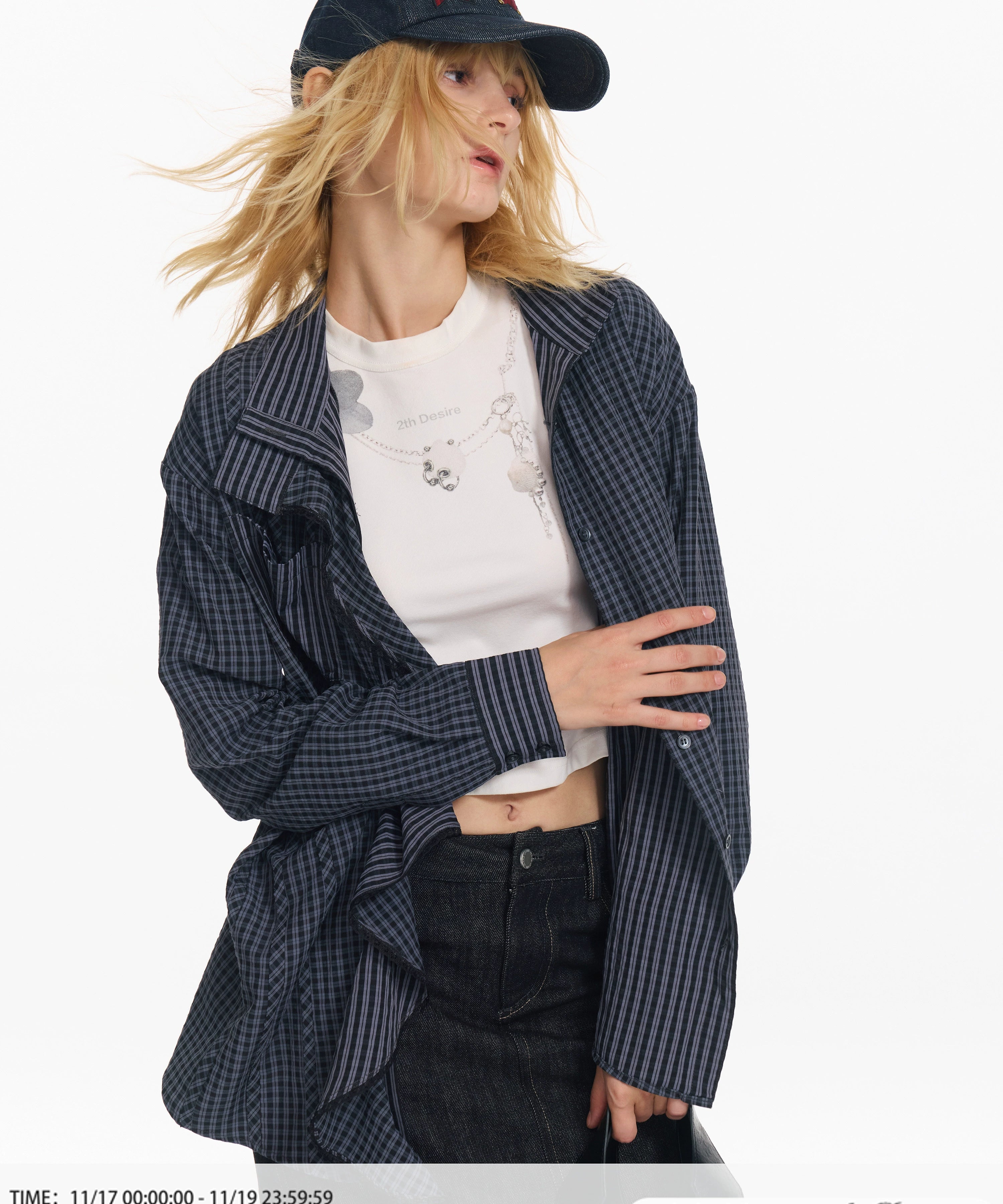 2th Desire 镂空绣花格纹不规则设计荷叶边宽松可收腰松弛感衬衫