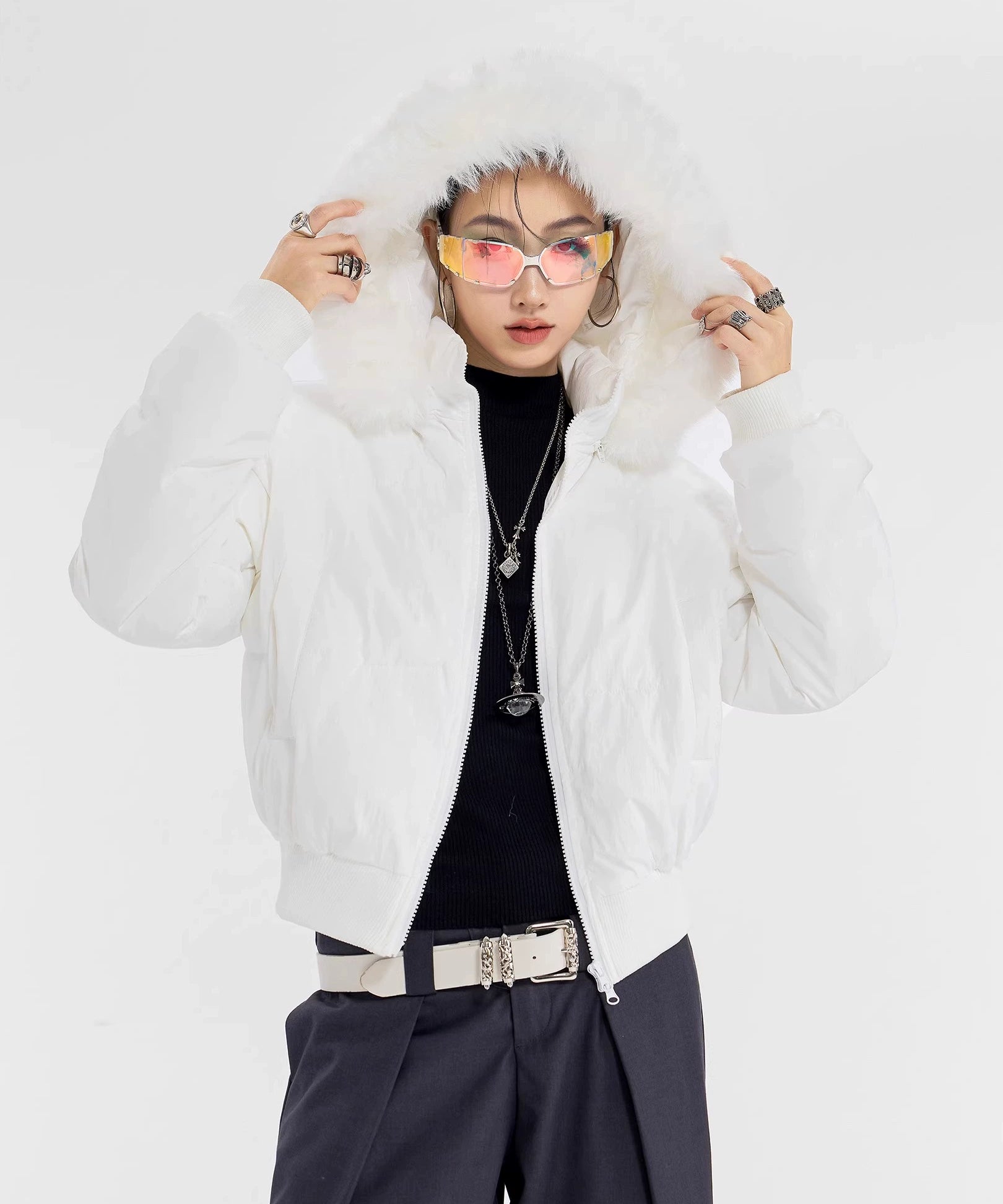 ICH MODE 美式复古大毛领连帽棉服女2025新款秋冬季修身开衫棉袄