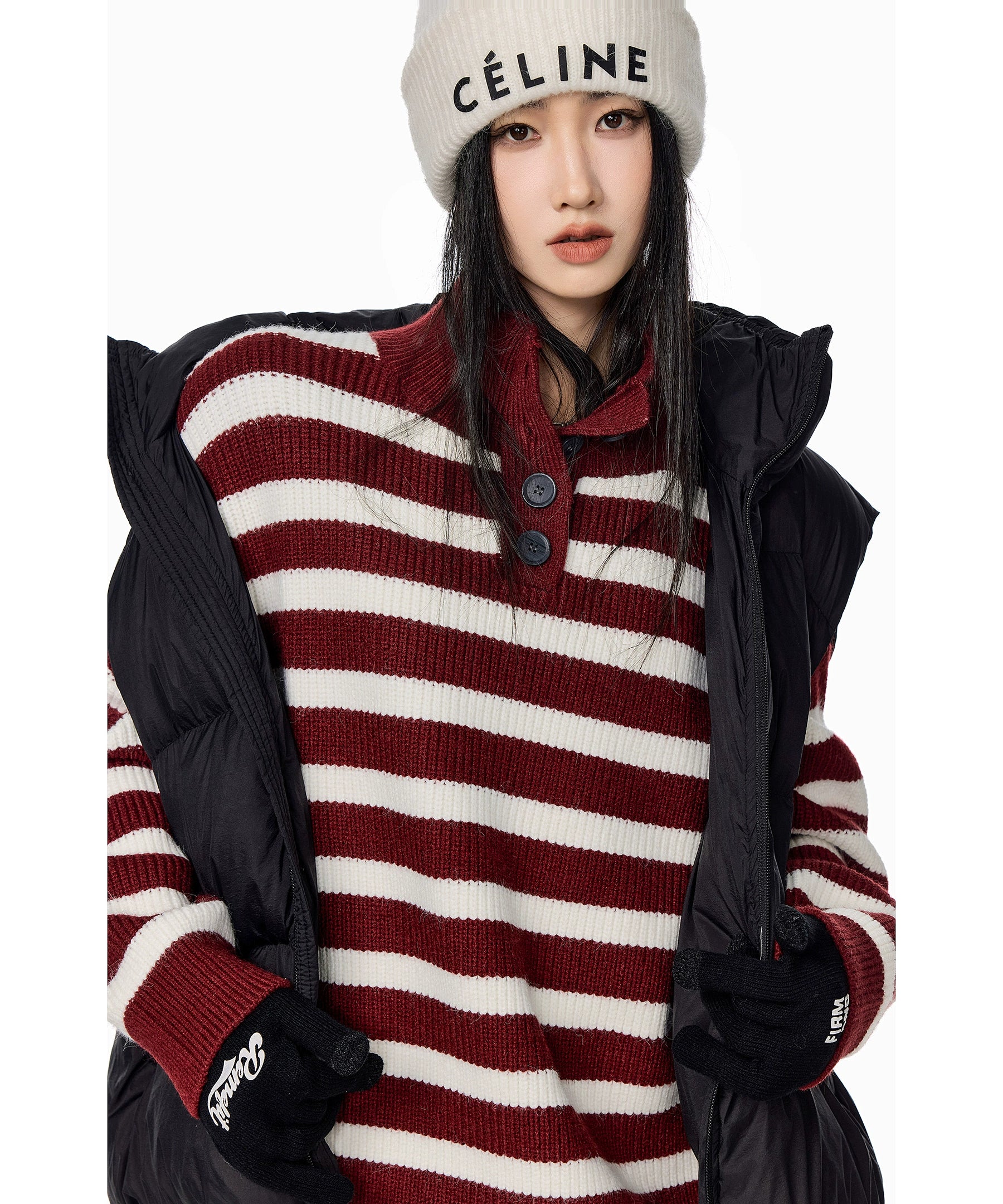 ICH MODE 美式复古POLO领条纹针织衫女秋冬宽松高领毛衣打底上衣