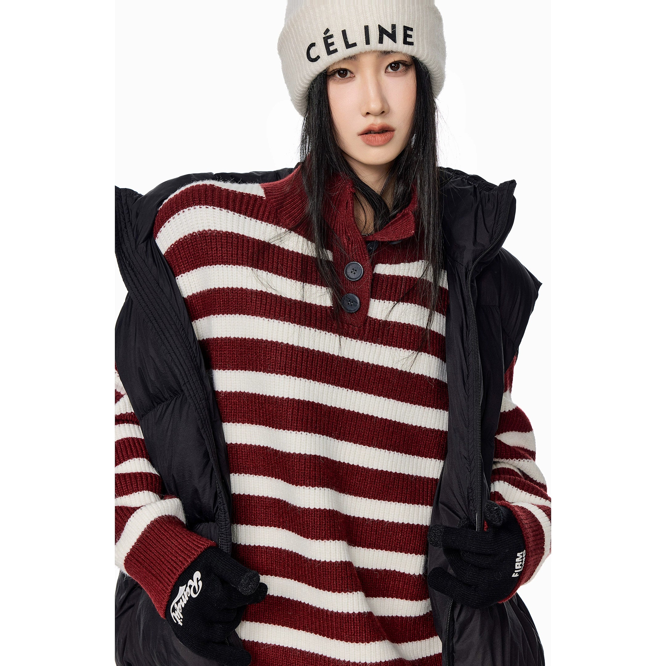 ICH MODE 美式复古POLO领条纹针织衫女秋冬宽松高领毛衣打底上衣