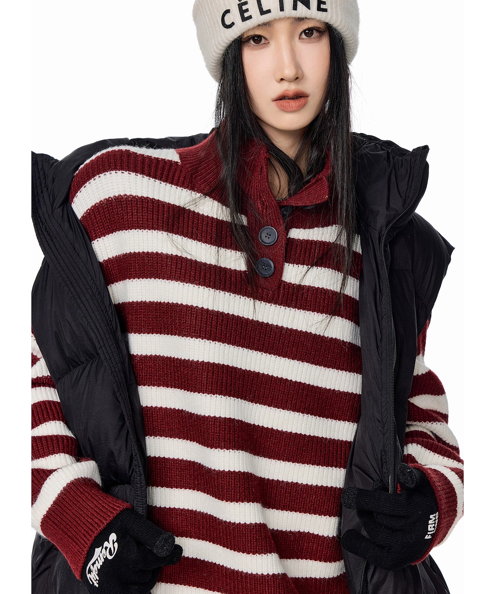 ICH MODE 美式复古POLO领条纹针织衫女秋冬宽松高领毛衣打底上衣