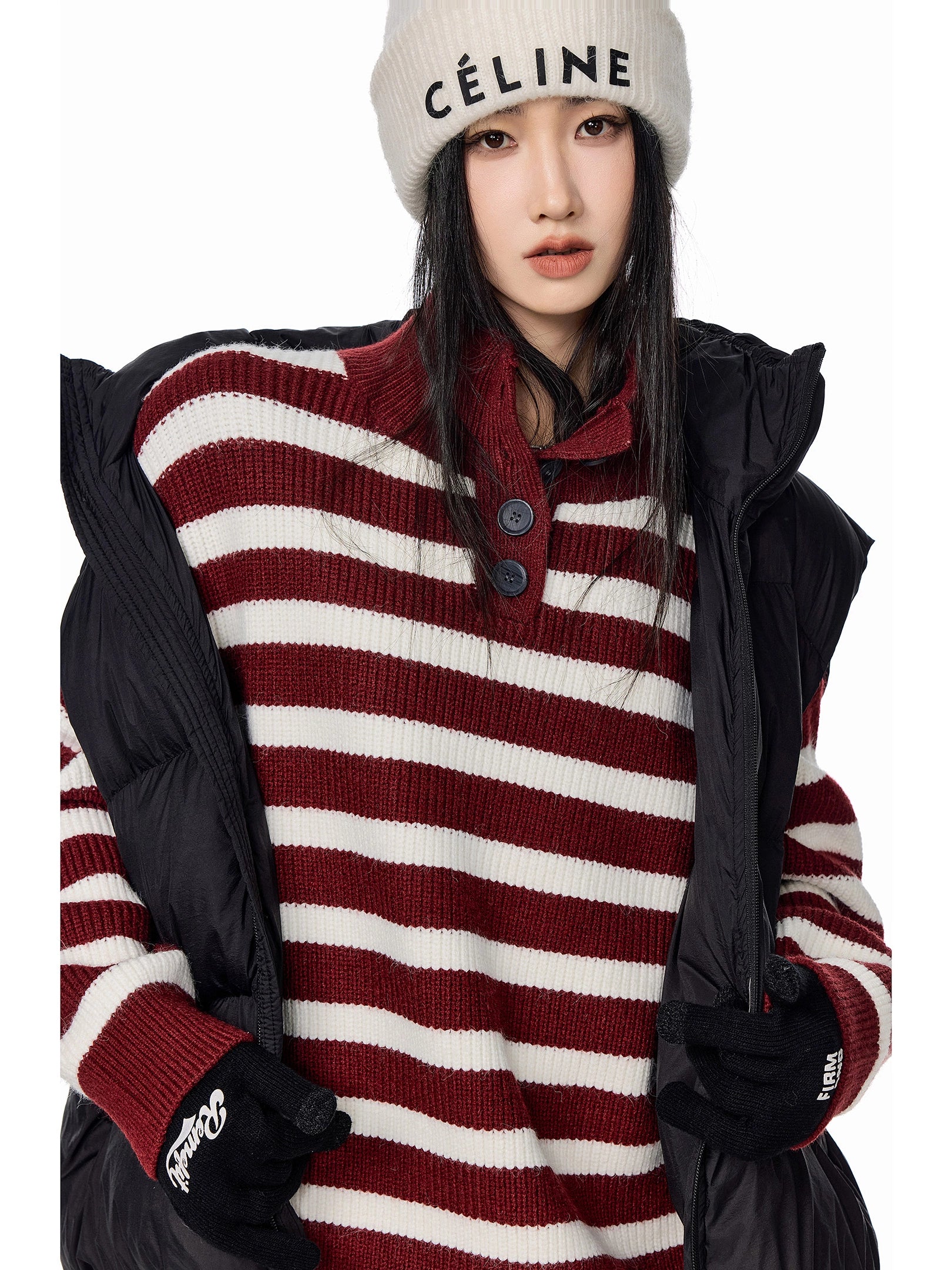 ICH MODE 美式复古POLO领条纹针织衫女秋冬宽松高领毛衣打底上衣