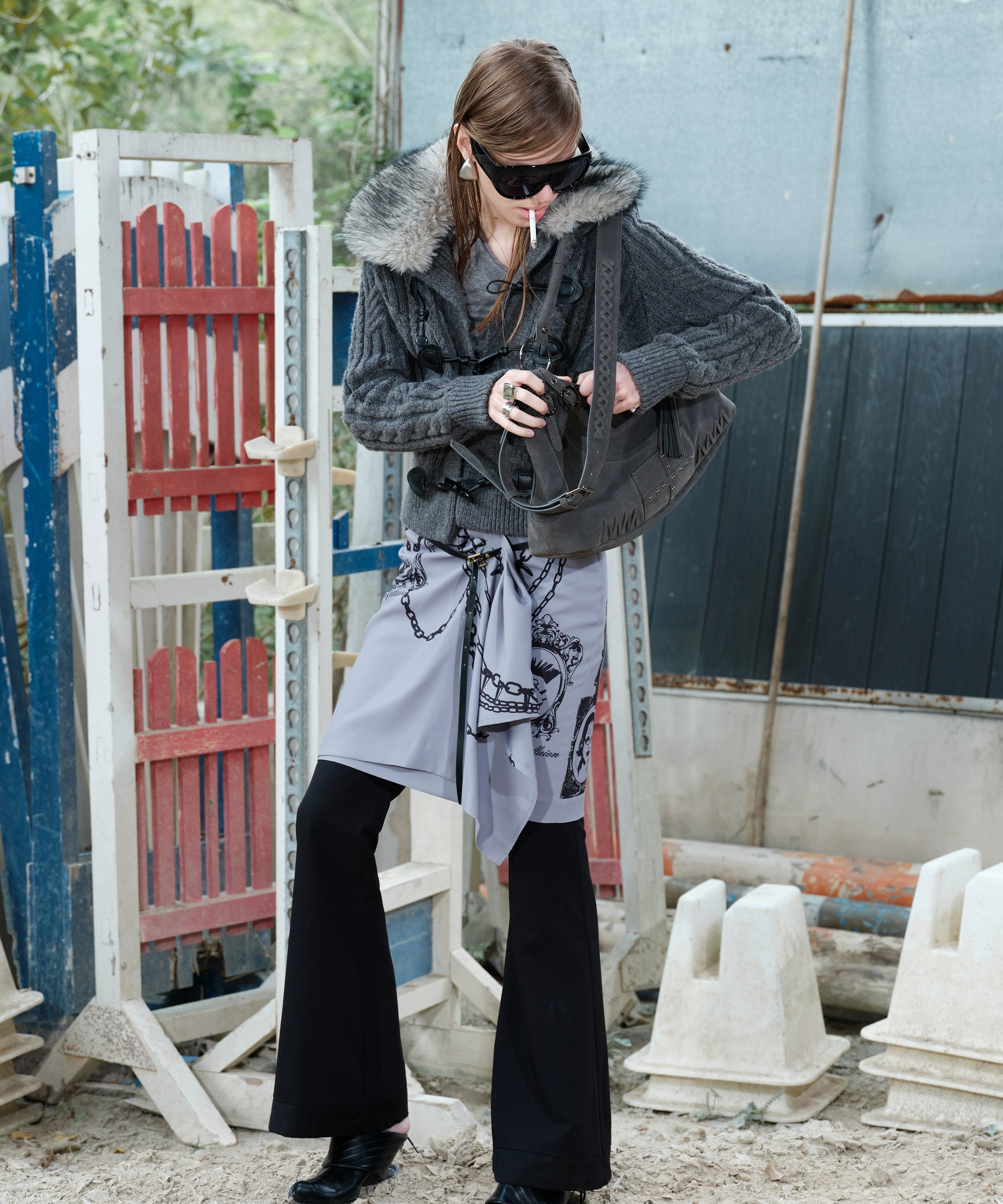 2th Desire原创复古定位撞色印花可拆卸皮带垂坠显瘦半身裙中裙