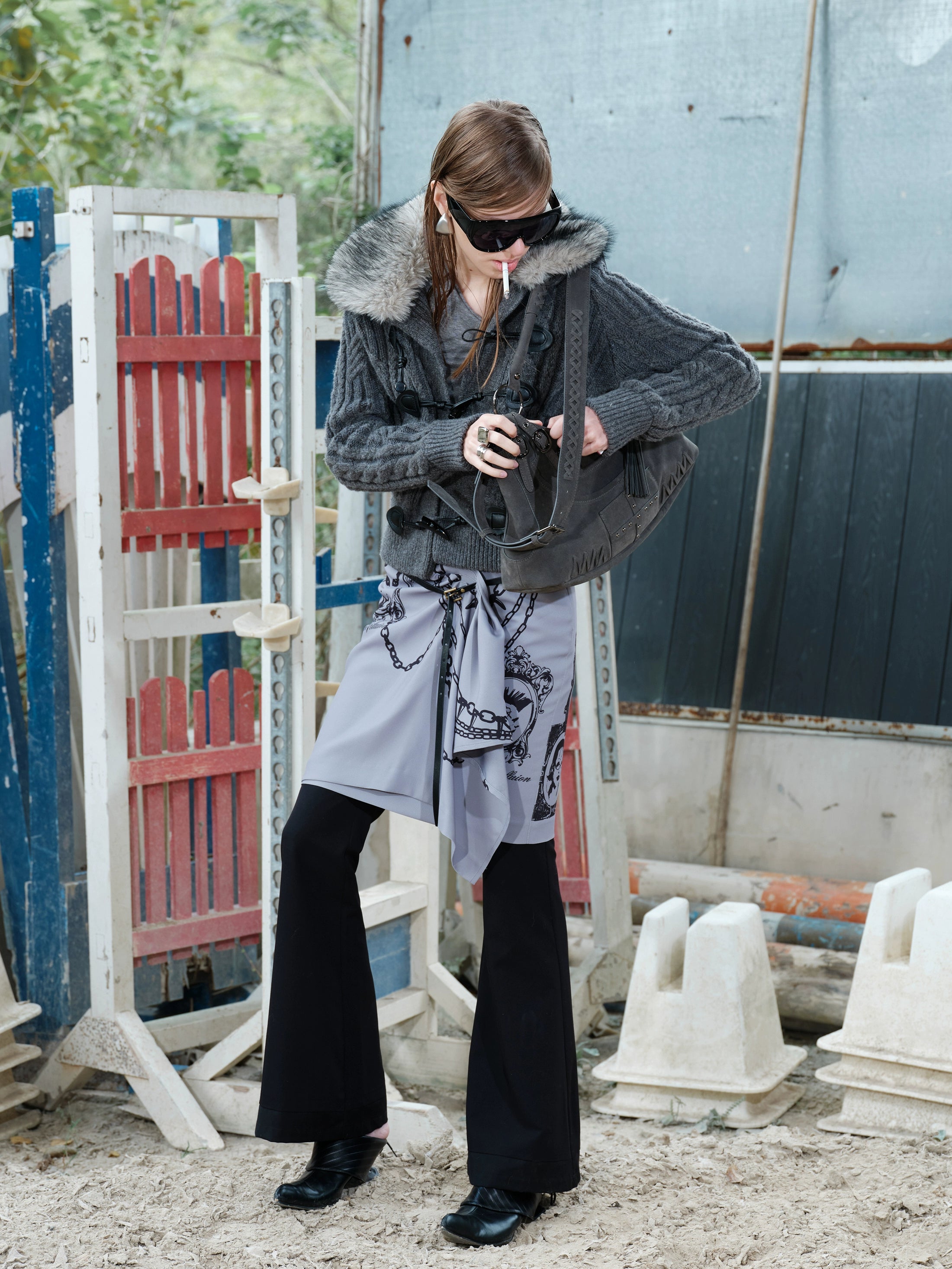 2th Desire原创复古定位撞色印花可拆卸皮带垂坠显瘦半身裙中裙