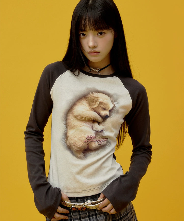 “瞌睡小狗”| eeee温柔风3D打印长袖T恤少女感修身插肩袖打底衫