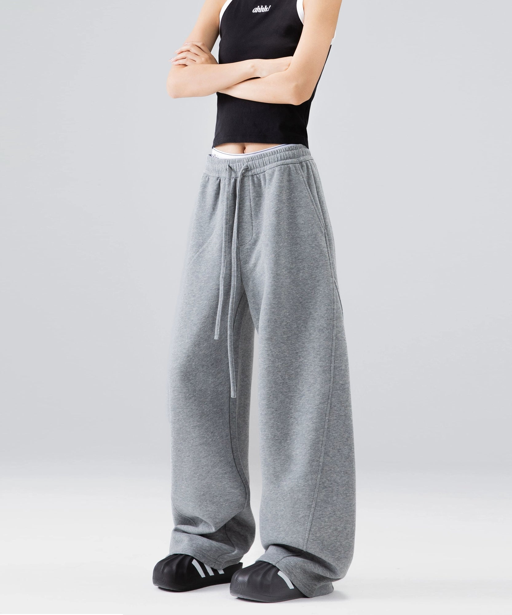 ICH MODE 美式加绒卫裤运动裤女秋冬新款宽松阔腿休闲裤弯刀裤子