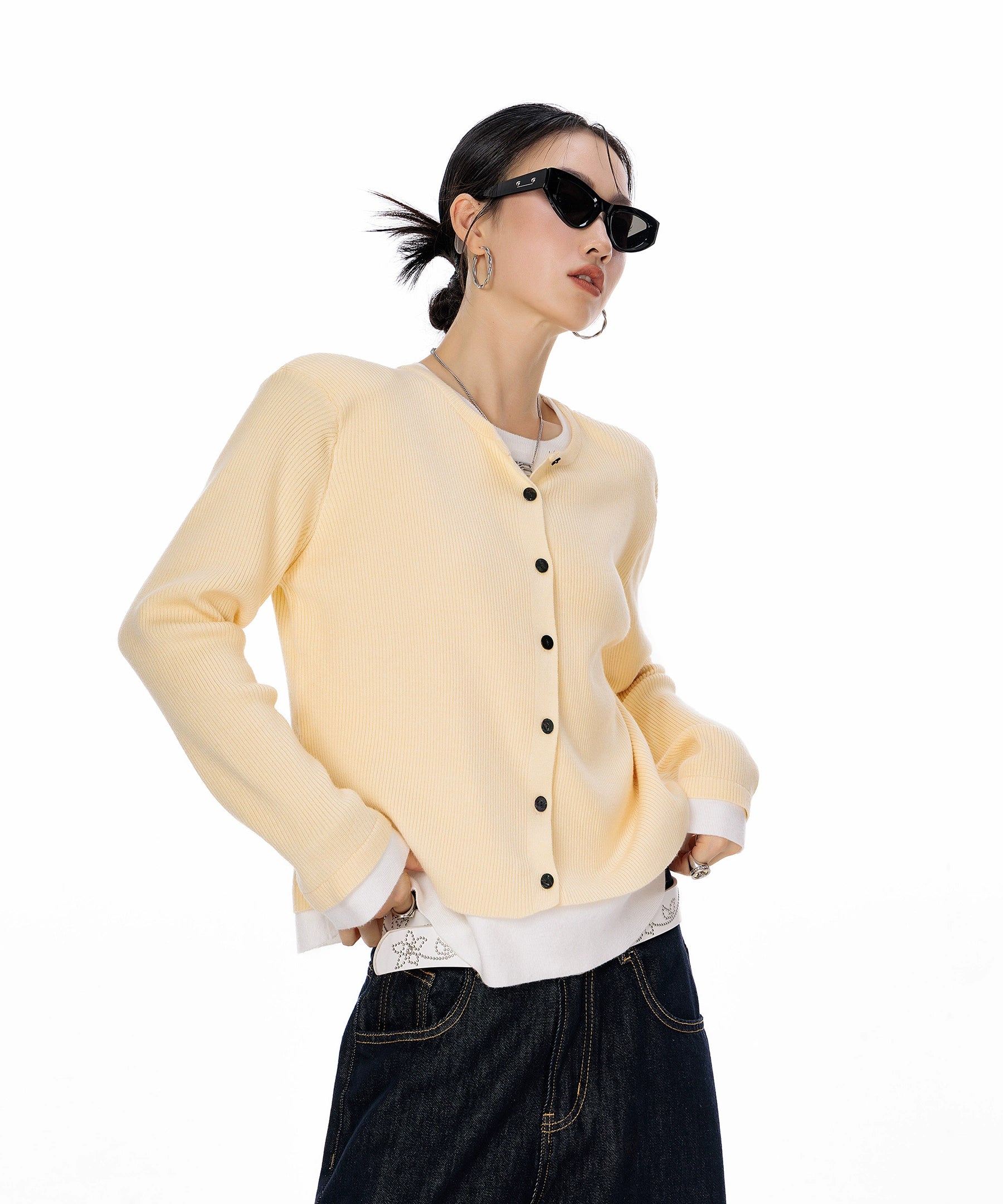 ICH MODE 美式复古修身针织开衫女2025秋冬新款外搭长袖毛衣外套