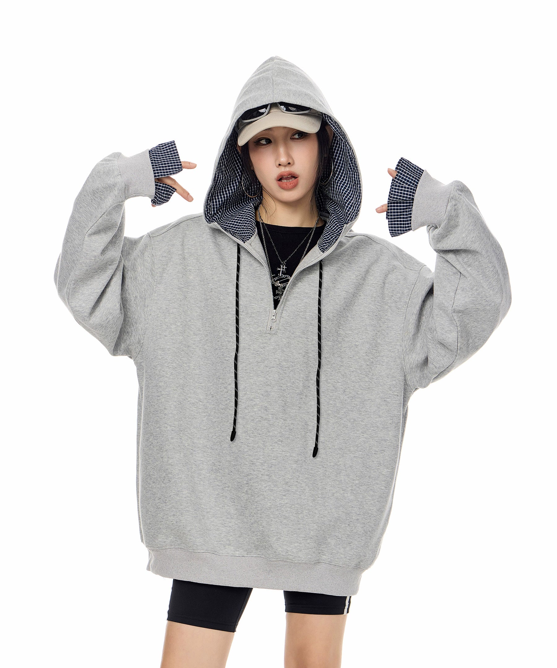 ICH MODE 美式复古格子拼接连帽卫衣女秋冬季半开领运动上衣外套