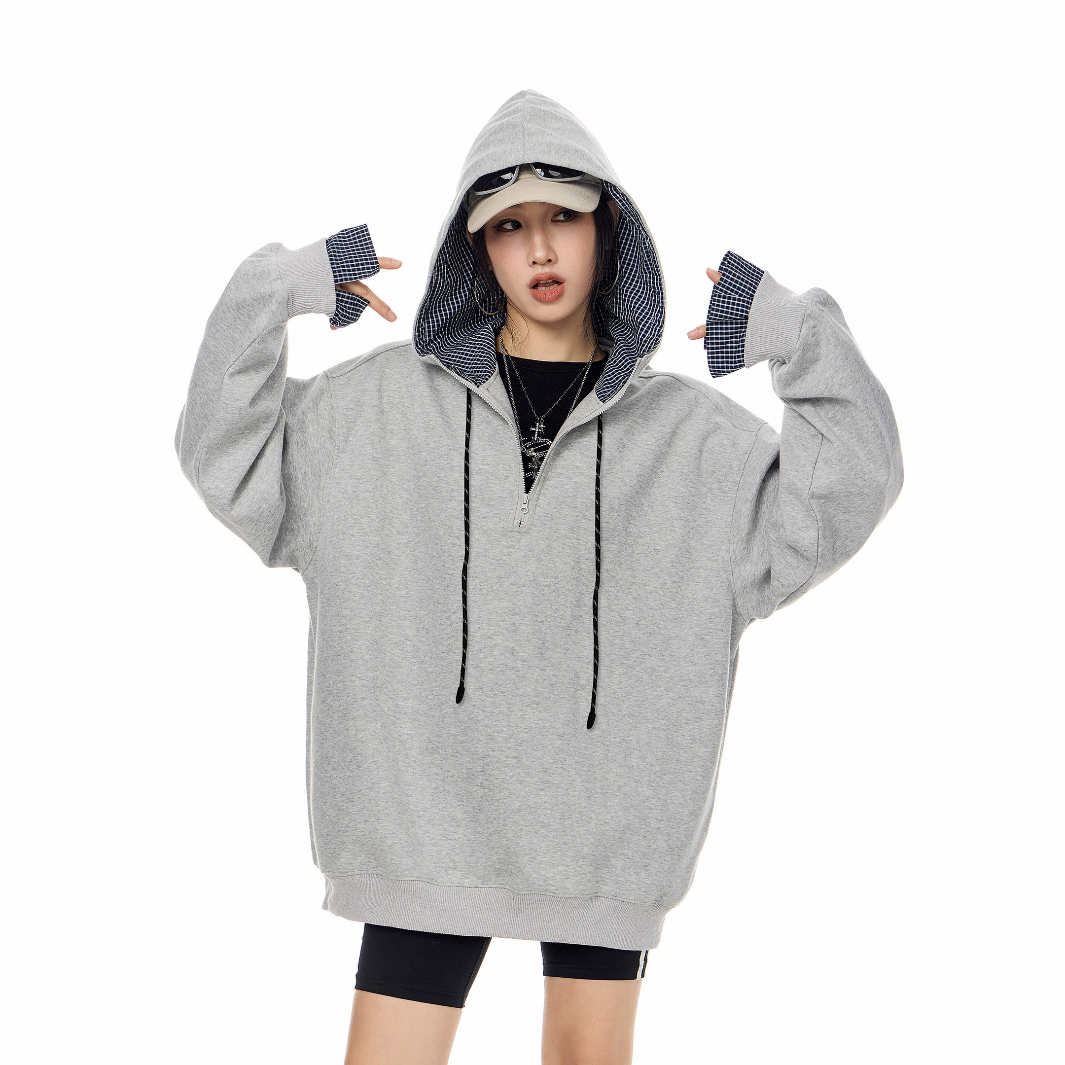 ICH MODE 美式复古格子拼接连帽卫衣女秋冬季半开领运动上衣外套