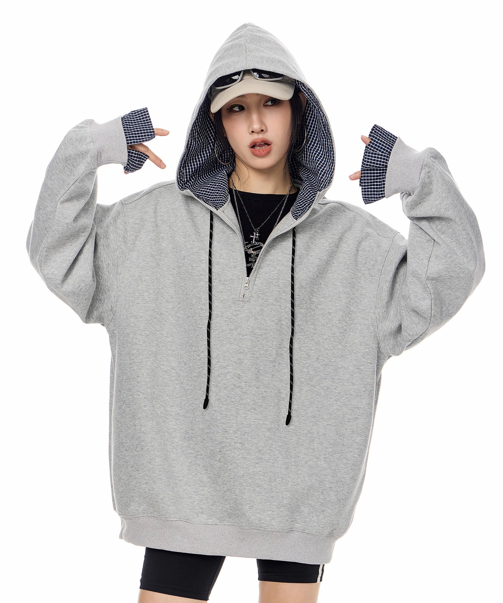 ICH MODE 美式复古格子拼接连帽卫衣女秋冬季半开领运动上衣外套