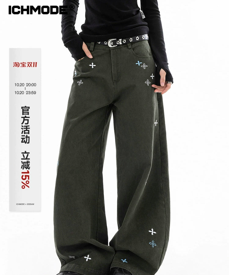 ICH MODE 美式复古刺绣纱卡休闲裤女宽松直筒裤弯刀阔腿裤运动裤