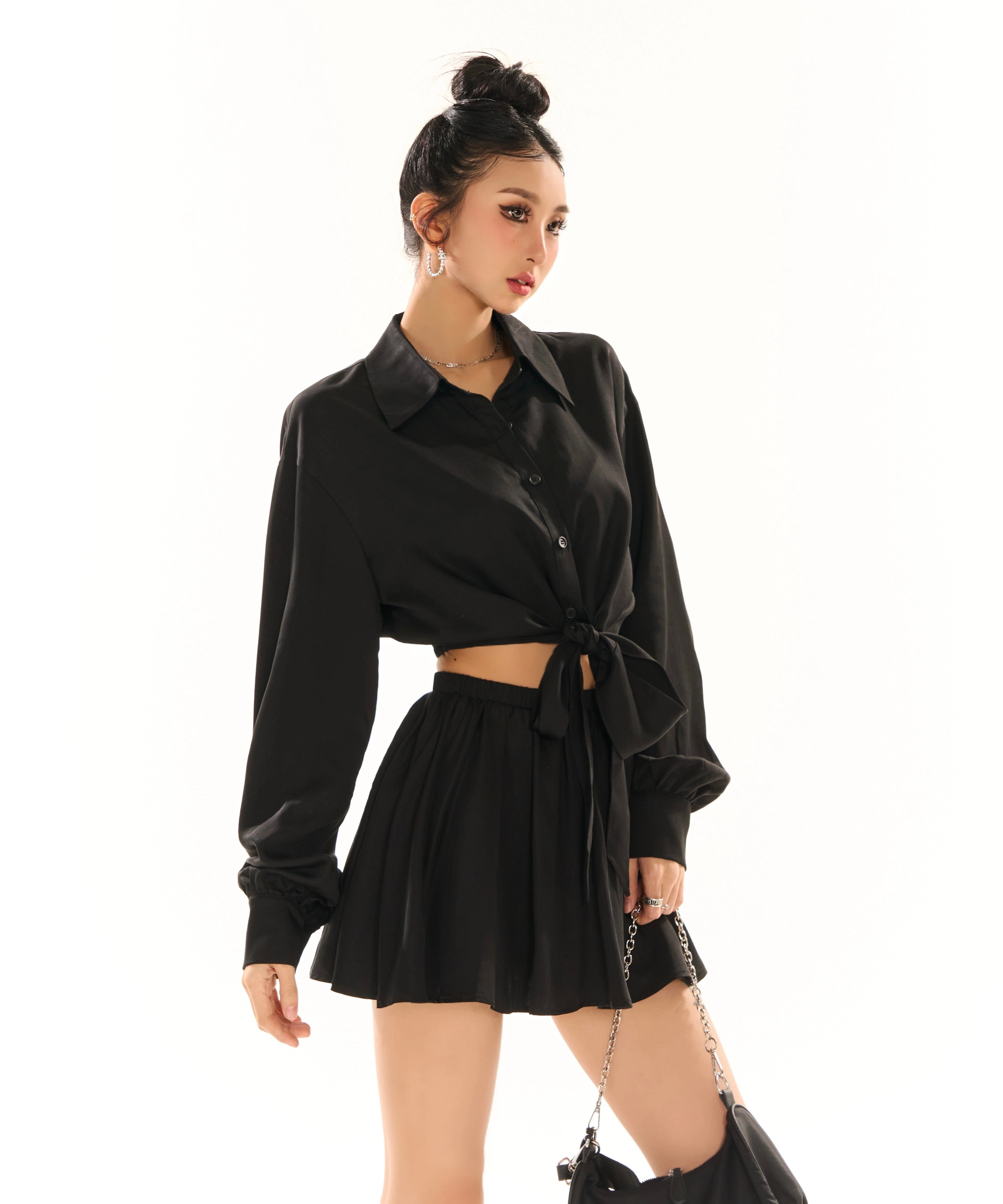 野生zerocircle 辣妹套装女春黑白色宽松长袖绑带衬衫a字半身裙子