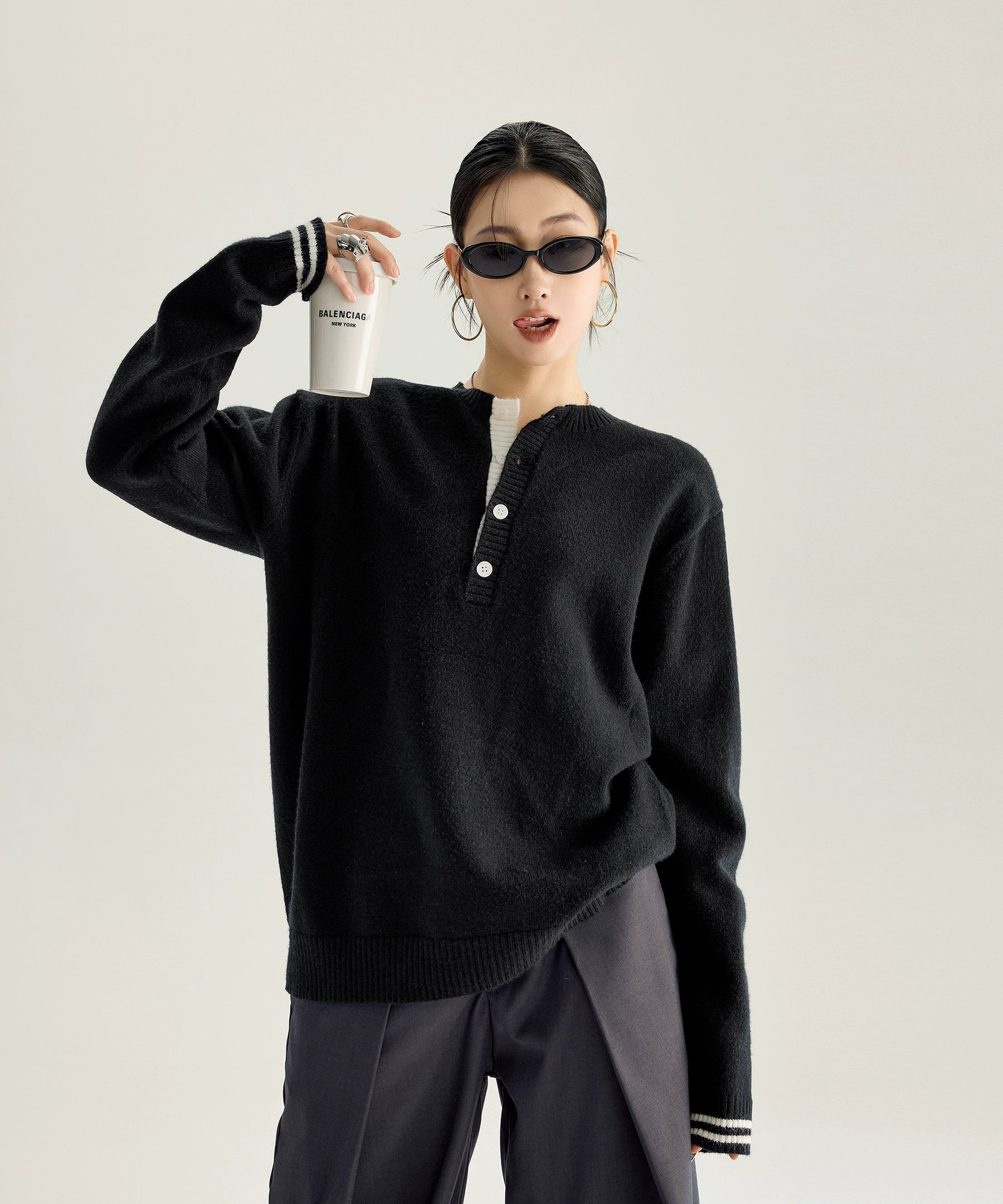 ICH MODE 美式复古亨利领毛衣女秋冬慵懒高级感毛针织衫长袖上衣