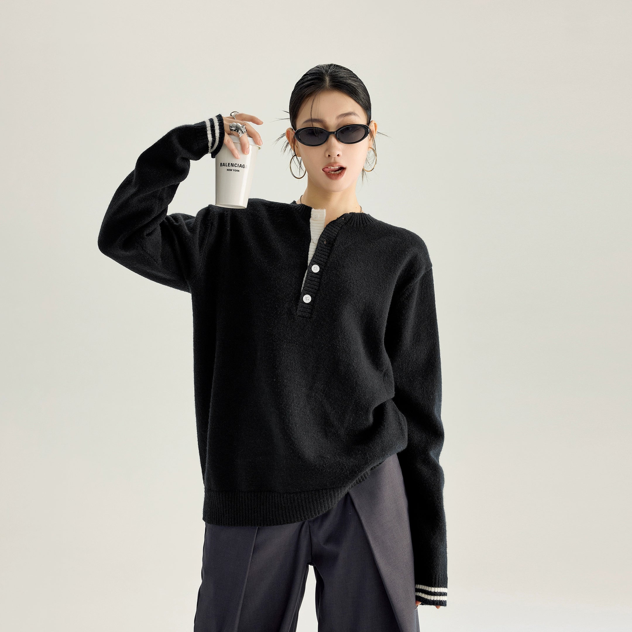 ICH MODE 美式复古亨利领毛衣女秋冬慵懒高级感毛针织衫长袖上衣