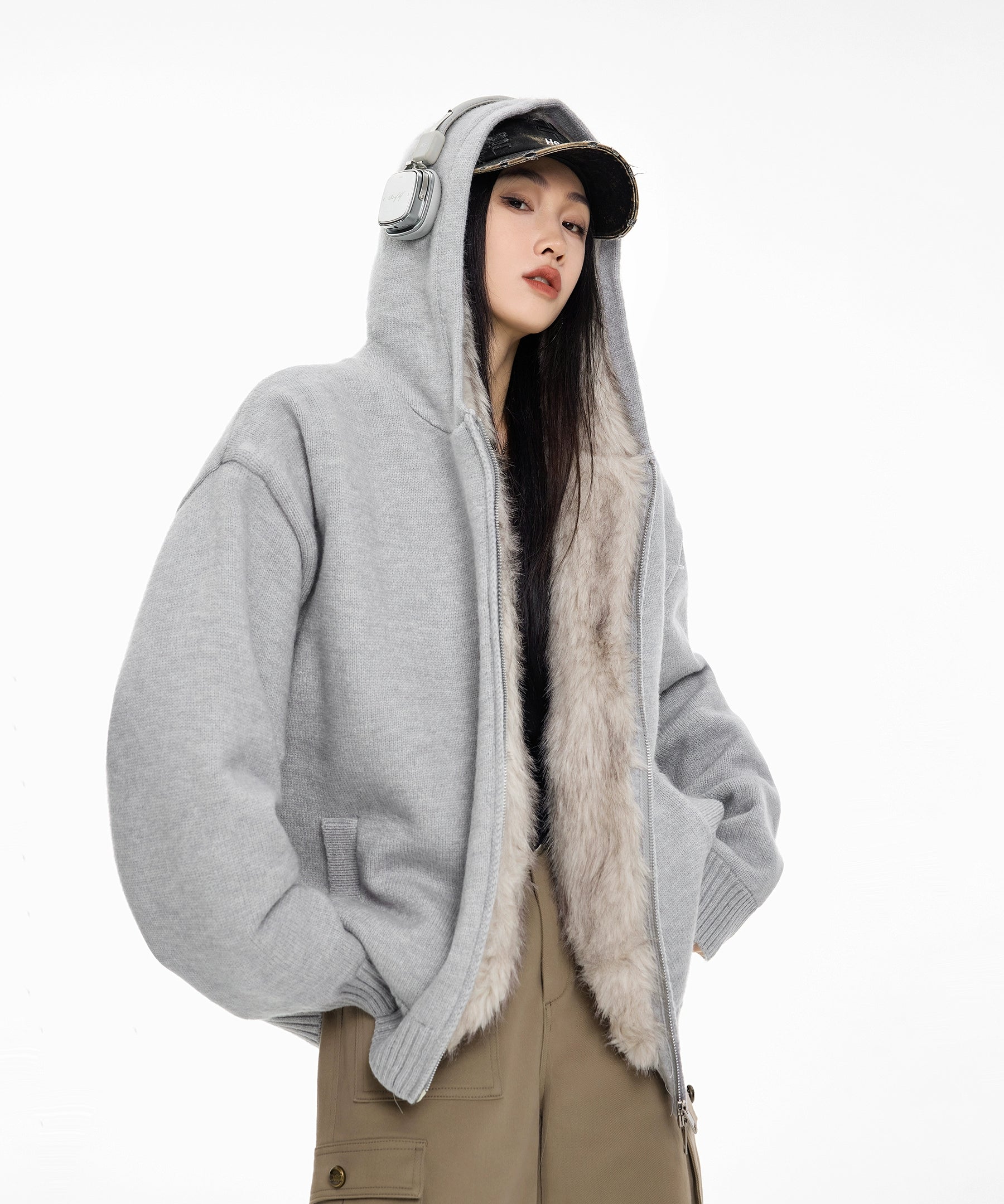 ICH MODE 美式复古座山雕针织开衫棉服女秋冬季宽松加厚棉衣外套