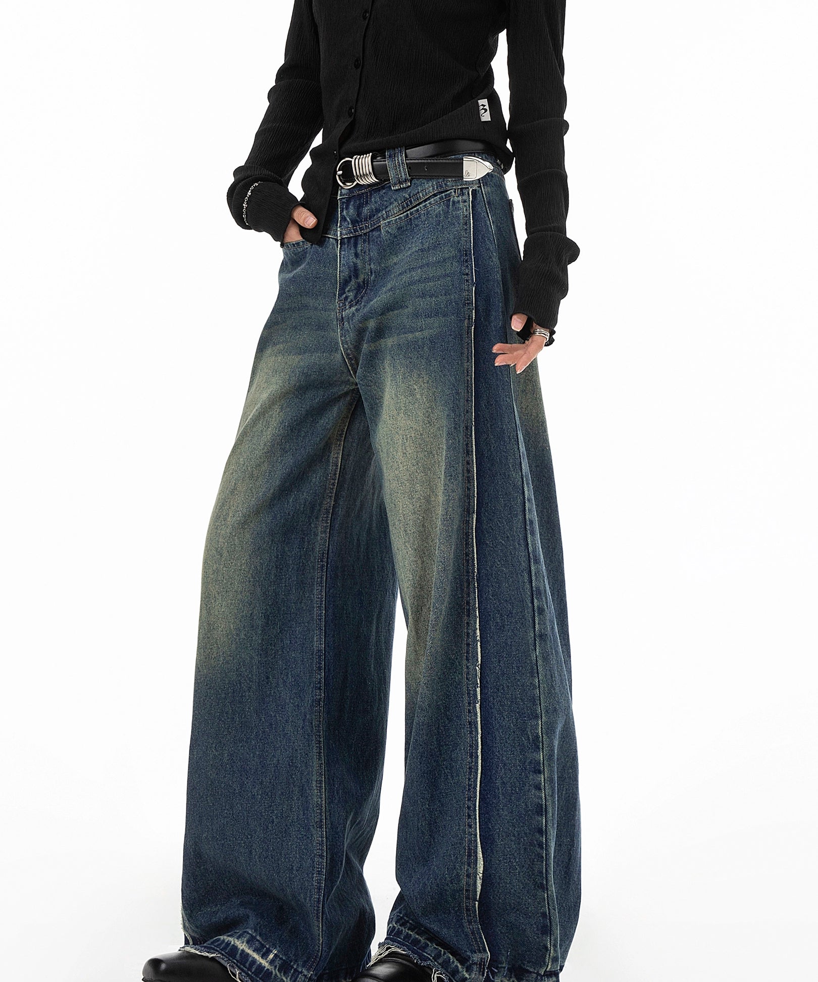 ICH MODE 美式复古做旧解构牛仔裤女宽松直筒裤运动裤休闲阔腿裤