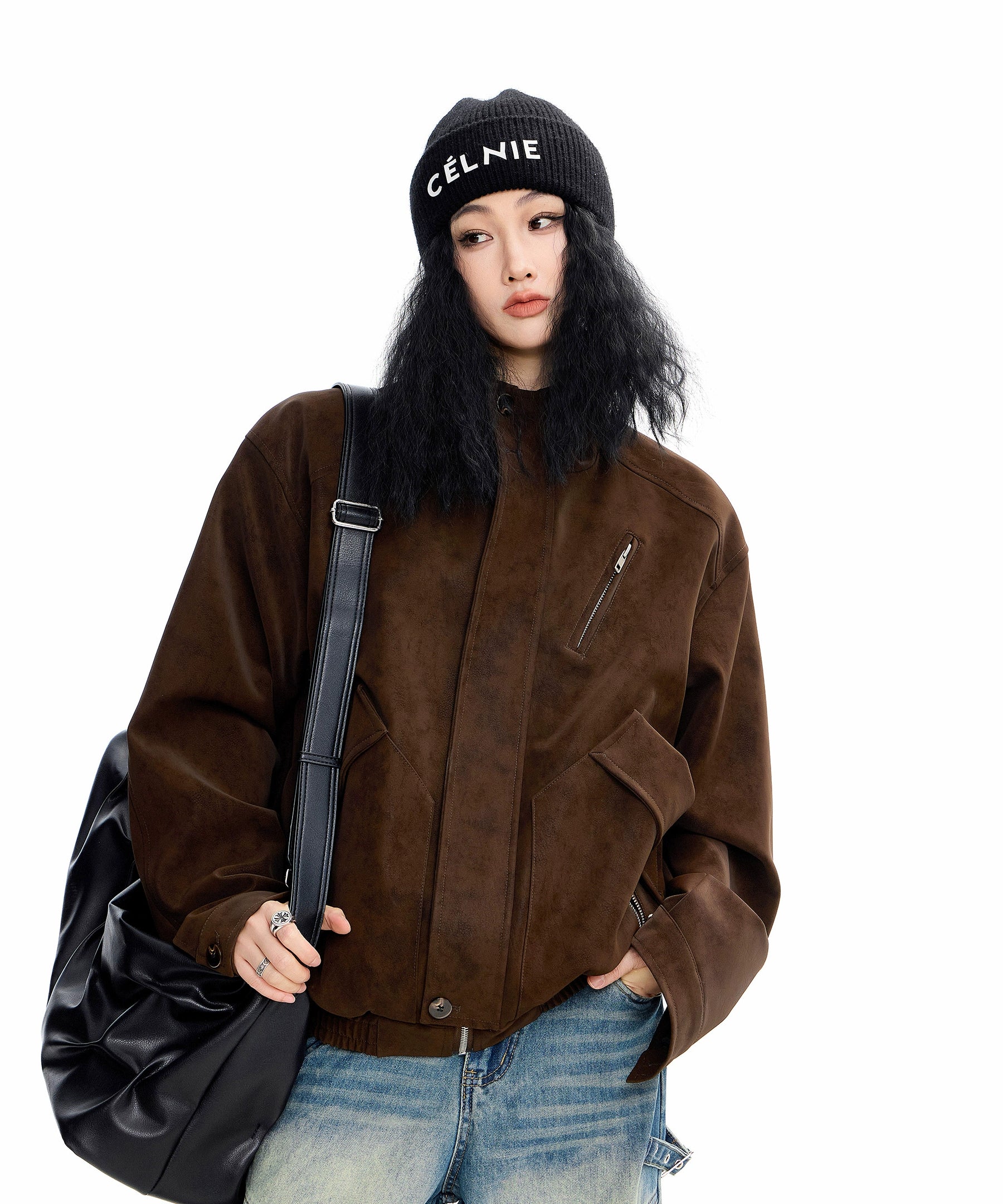 ICH MODE 美式复古工装立领短外套女秋冬新款飞行员夹克宽松上衣