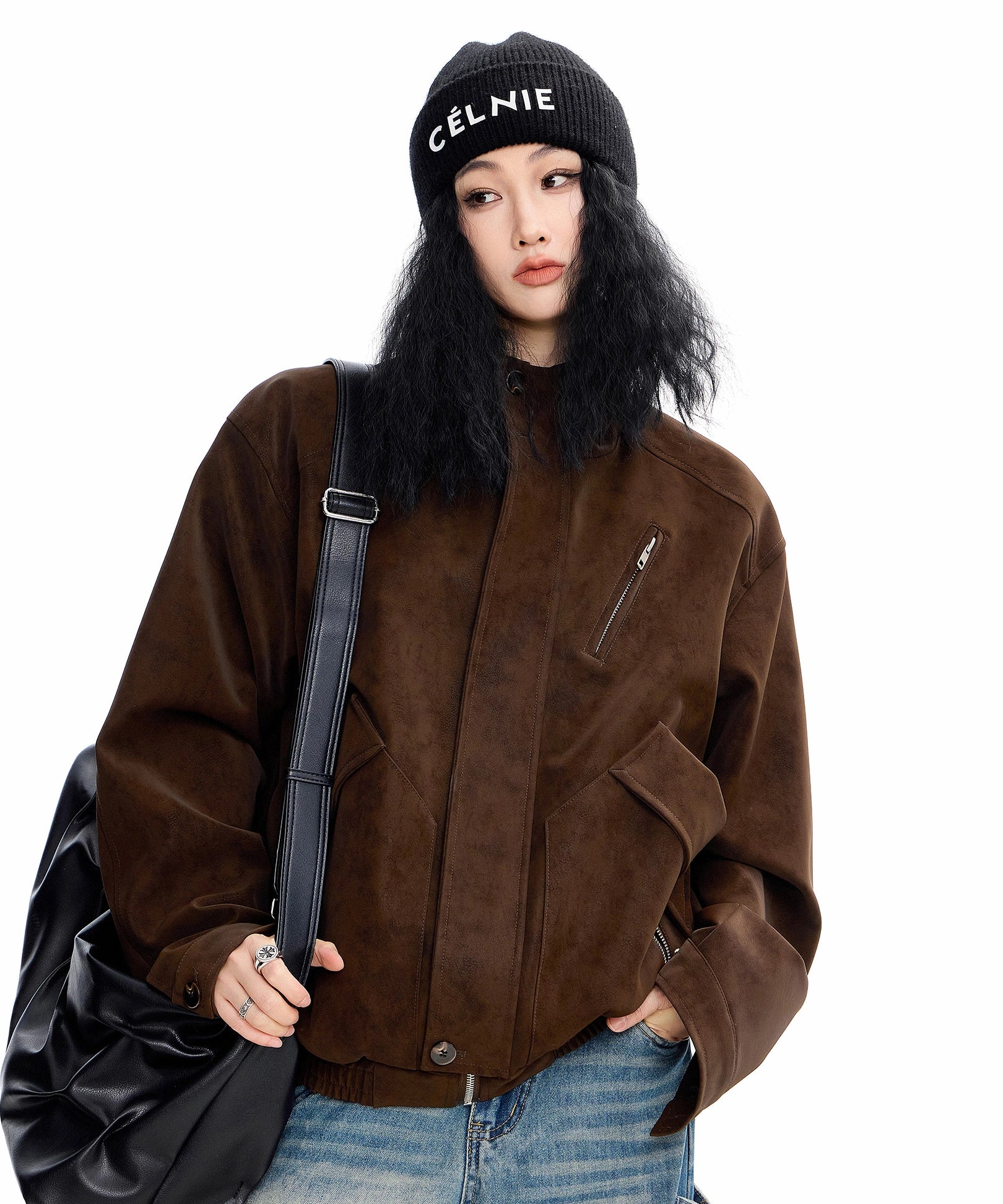 ICH MODE 美式复古工装立领短外套女秋冬新款飞行员夹克宽松上衣